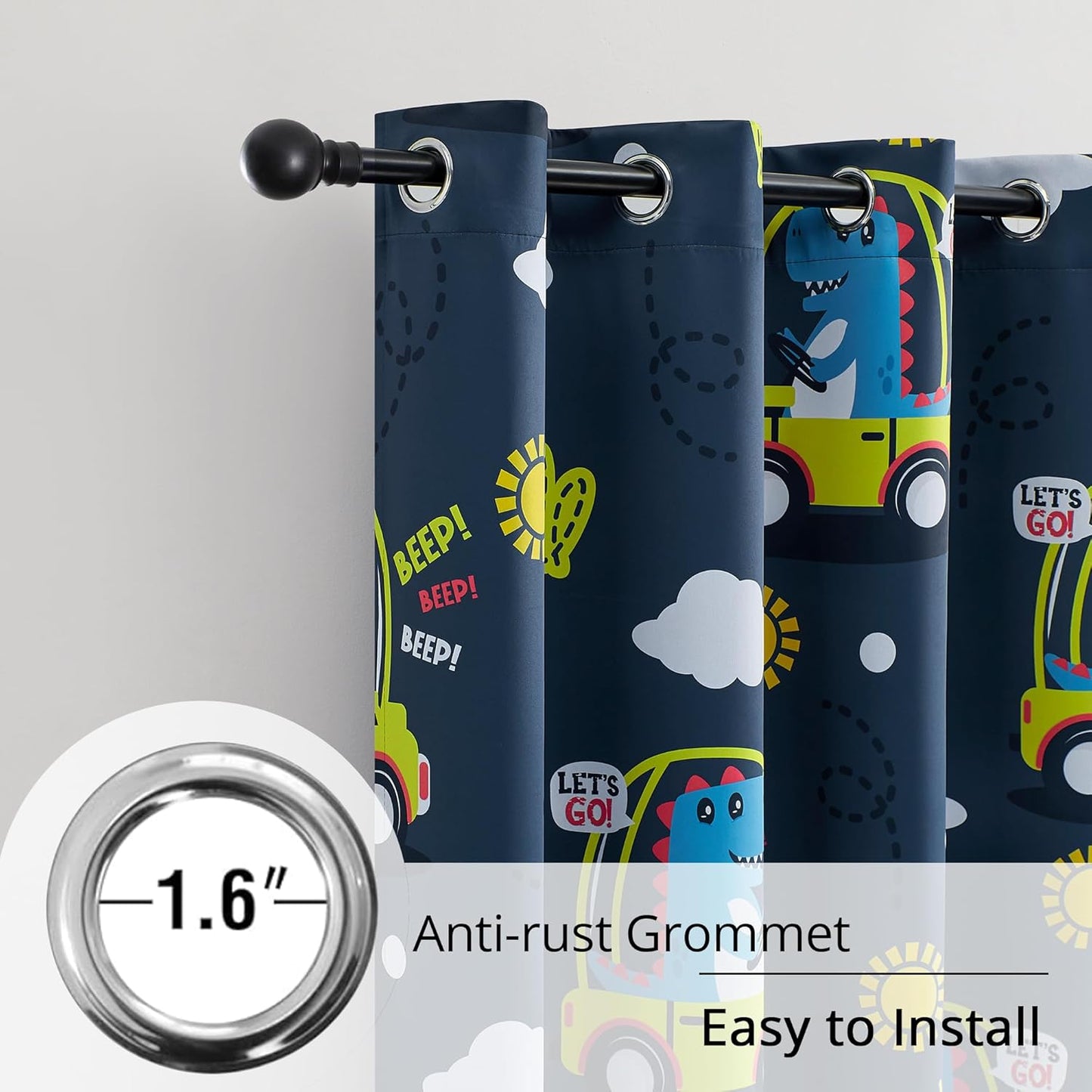 Kids Dinosaur Blackout Curtains - 2 Panels, Each W52*L96 with 100% Blackout, Thermal Insulated, and Noise Reducing, Perfect for Kids Room, Bedroom, Nursery