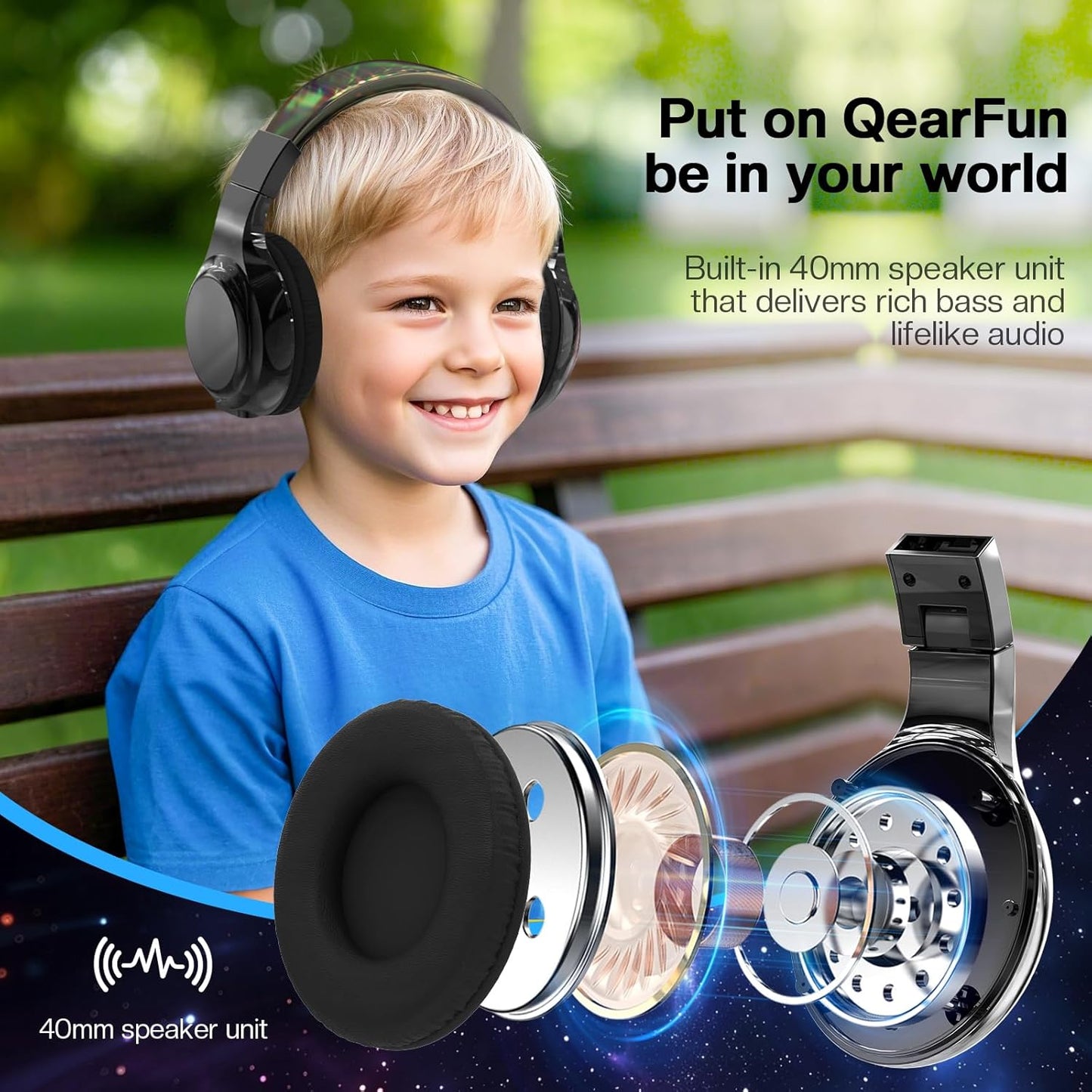 QearFun Kids Bluetooth 5.3 Headphones, Wireless Metallic Gradient Headset, Lightweight Foldable On Ear Headphones with Aux Cord, Fast Charging, Built-in Mic, for School/Travel/Tablet/iPad