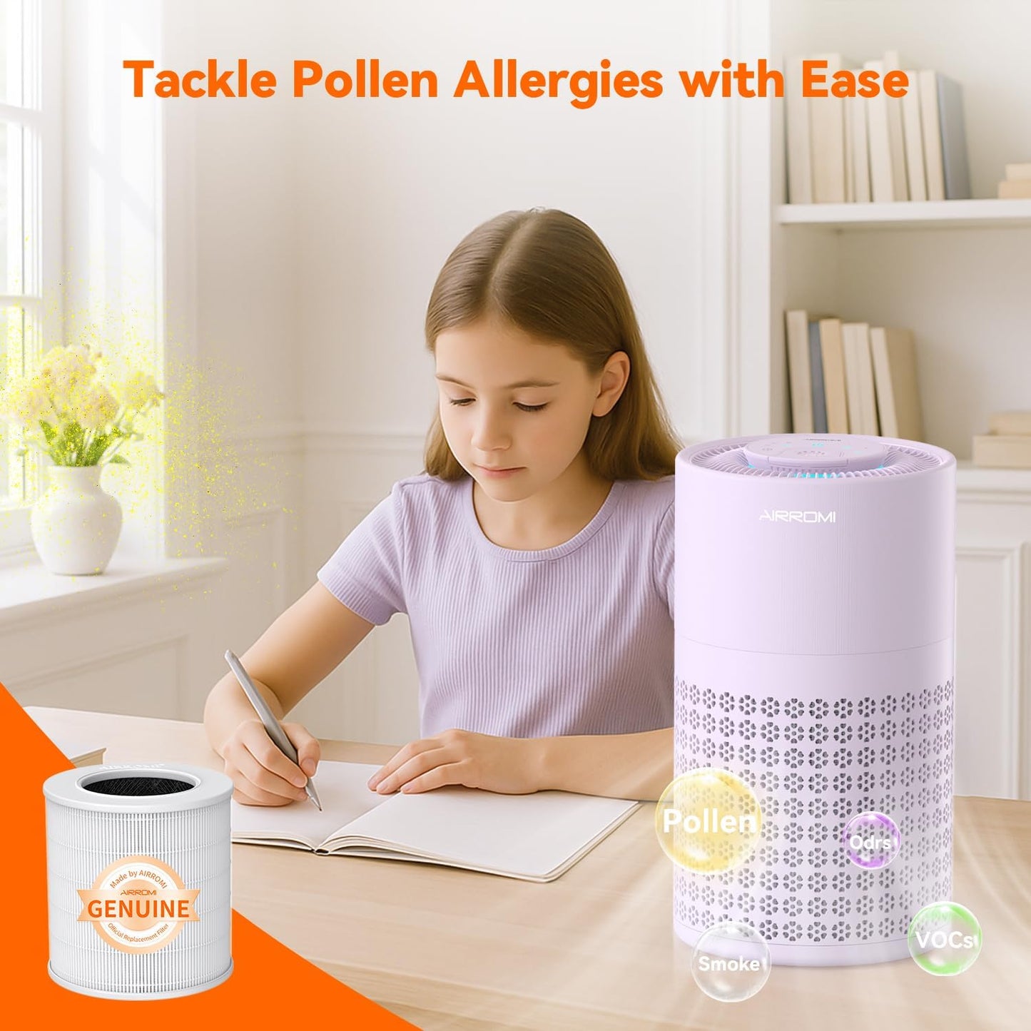 AIRROMI Air Purifier for Bedroom with HEPA 3-in-1 Filter, Pet Air Purifier for Home Cat Pee Smell, Covers Upto 990 Ft², Quiet 360°intake Air Cleaner for Pet Hair,Allergies,Pollen,Smoke A2001 Purple