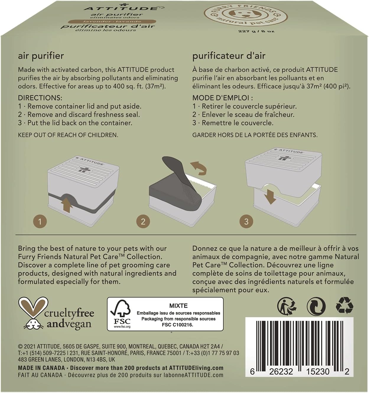 ATTITUDE Air Purifier with Activated Carbon Filter, Plant- and Mineral-Based Ingredients, Traps Pet Odors and Pollutants, Vegan and Cruelty-free, Lavender, 8 Ounces (Pack of 2)