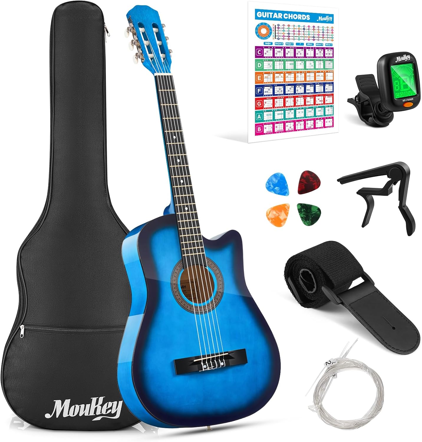 Moukey 38" Acoustic Guitar for Beginners Kids Youth Adult Cutaway Guitarra Acustica Kit with Chord Poster, Gig Bag, Tuner, Picks, Nylon Strings, Capo, Strap - Blue