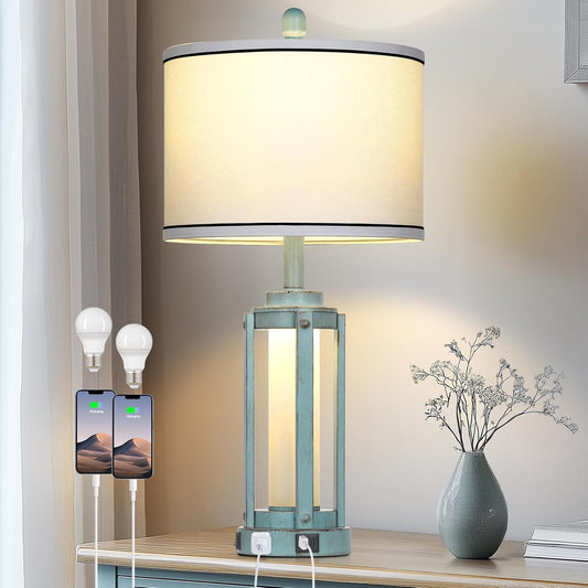 Industrial Farmhouse Table Lamp, 26" Vintage Rustic Beside Lamp with USB A+C Charging Ports & AC Outlet, Nightstand Metal Lamp with LED Night Light & Fabric Shade for Living Room Bedrooms Blue