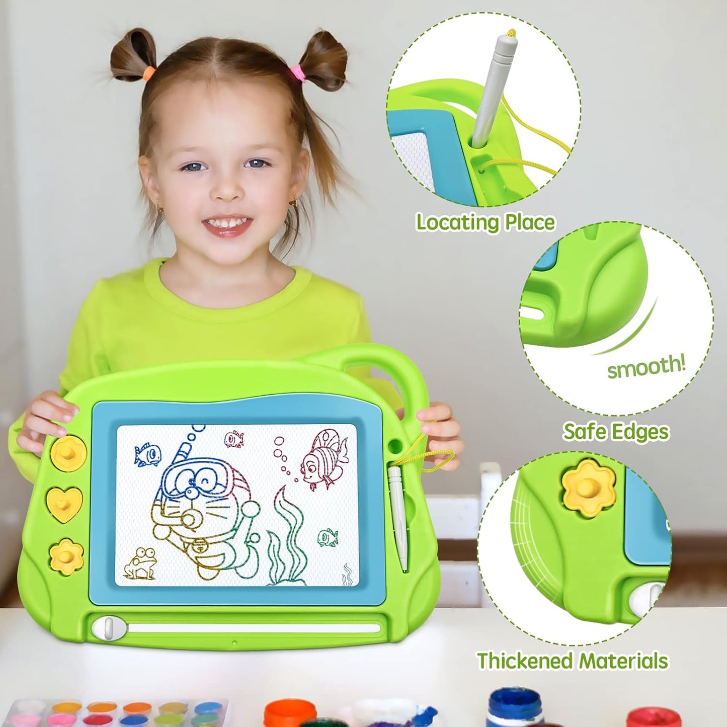AiTuiTui Magnetic Drawing Board Mini Travel Doodle, Erasable Writing Sketch Colorful Pad Area Educational Learning Toy for Kid/Toddlers/Babies with 3 Stamps and 1 Pen (Green)