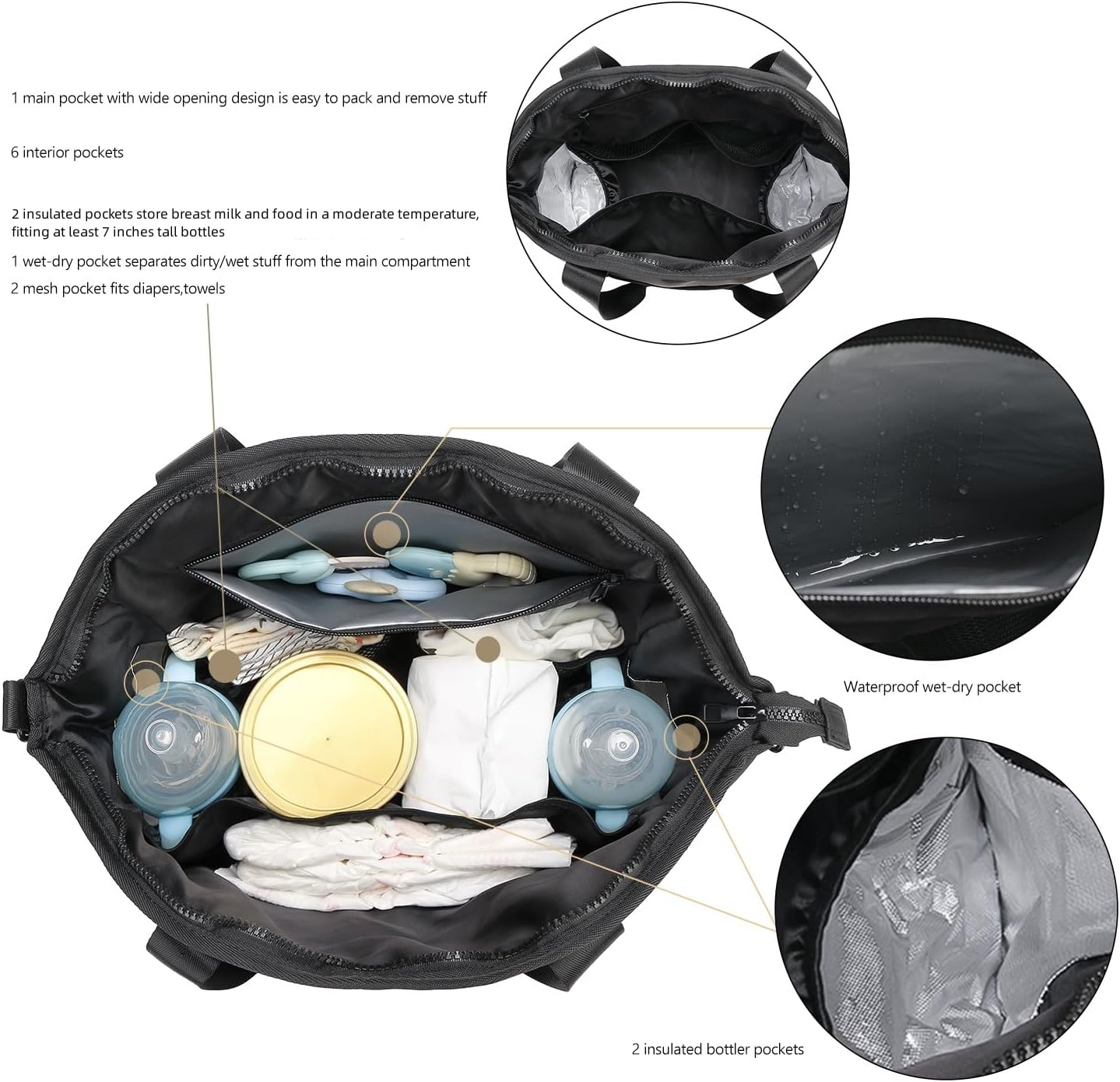 Diaper Bag Tote for Women Stylish Baby Bag Black PU Messengers Bag with Wet Bag,Stroller Hooks