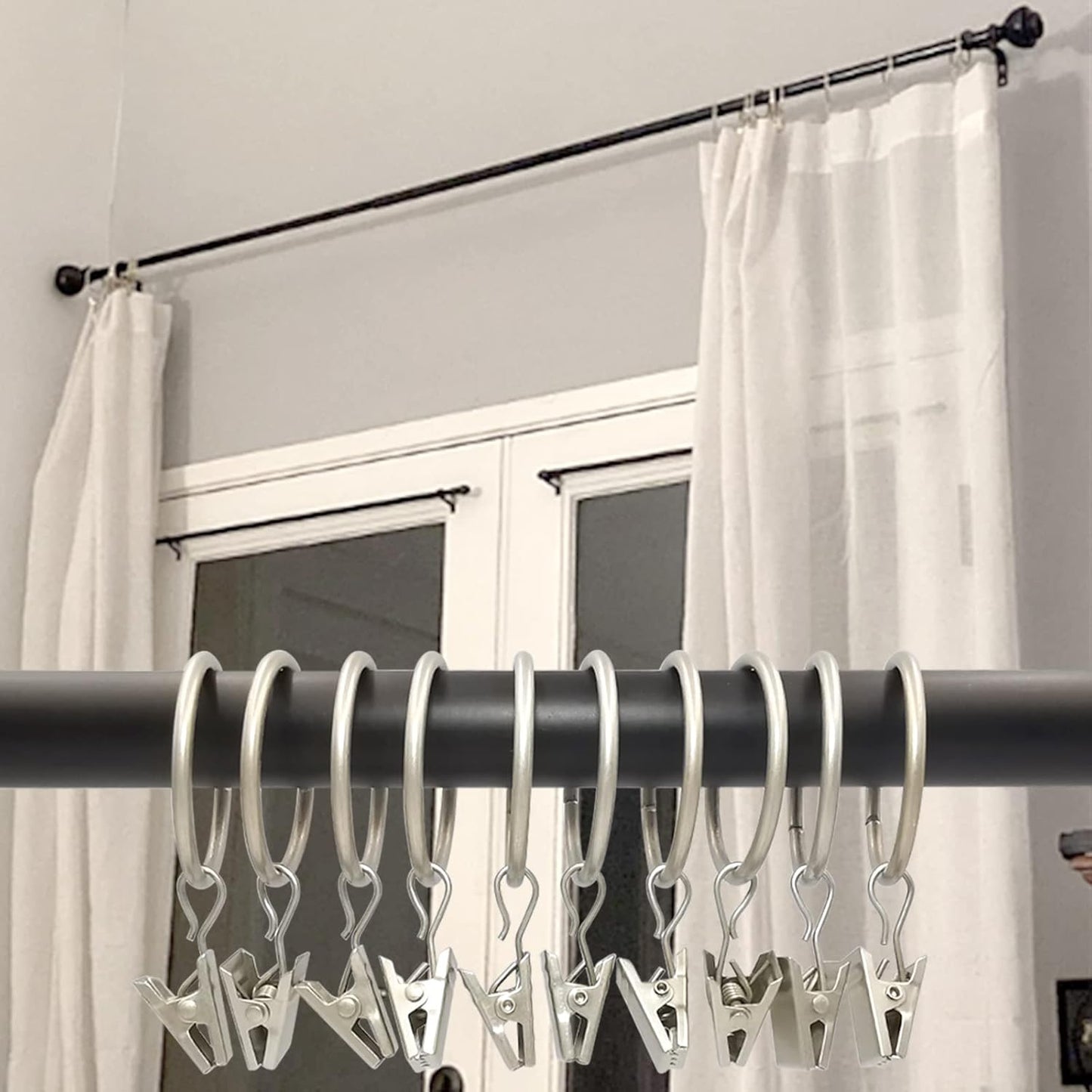 100 Pack Matte Silver Curtain Rings with Clips, Curtain Hooks Hangers Clip Rings for Hanging Drapes Bows Hat, Drapery Rings 1.26 in I D, Fits up to 1 in Diameter Curtain Rod.