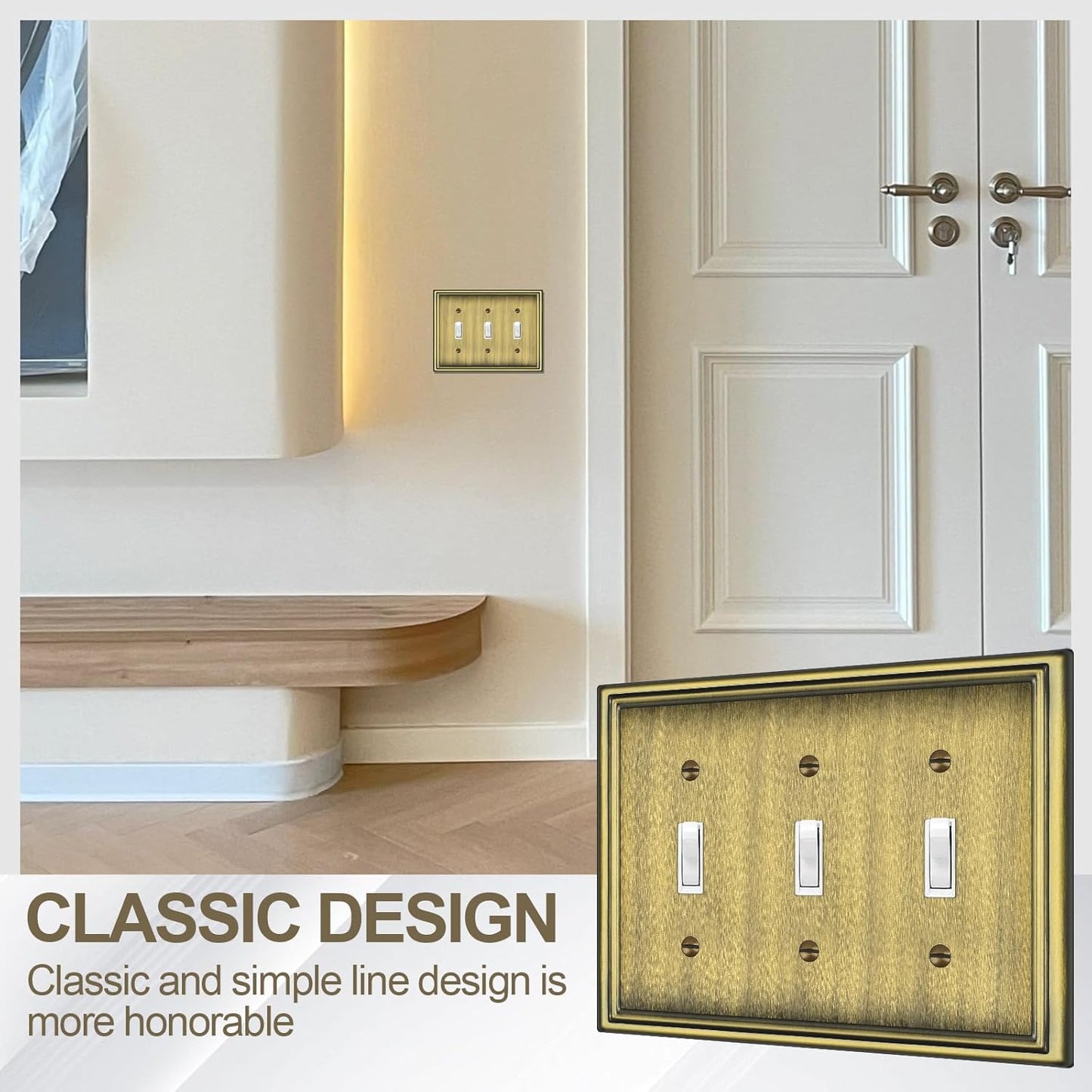 2 Pack Triple Toggle Light Switch Covers Plate, Antique Brass Metal Material Switch Plate Covers, 3 Gang Wall Plate for Light Switch - Classic Style