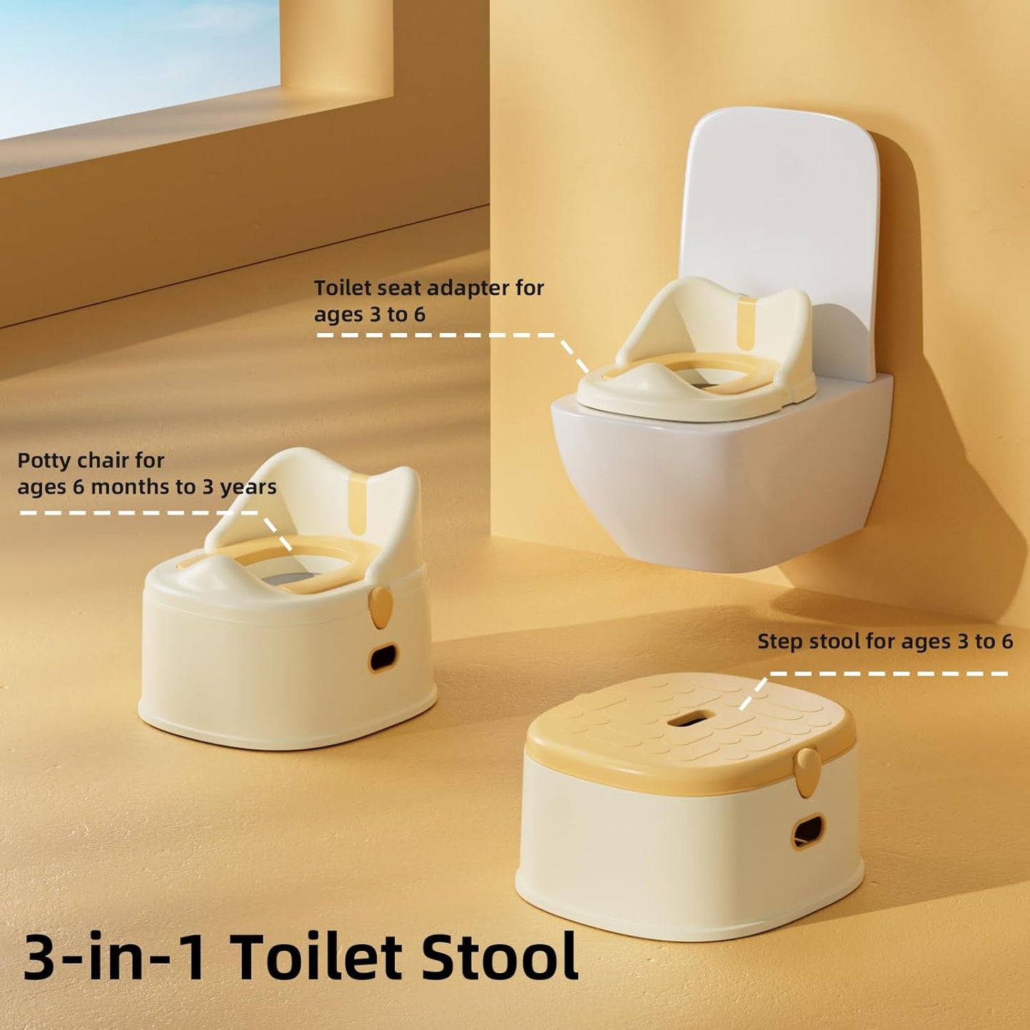 3 in 1 Toddler Potty Training Toilet Seat with Steps Ladder, Foldable Potty Train Chair Adapter for Toddlers Kids Boys Girls, Yellow
