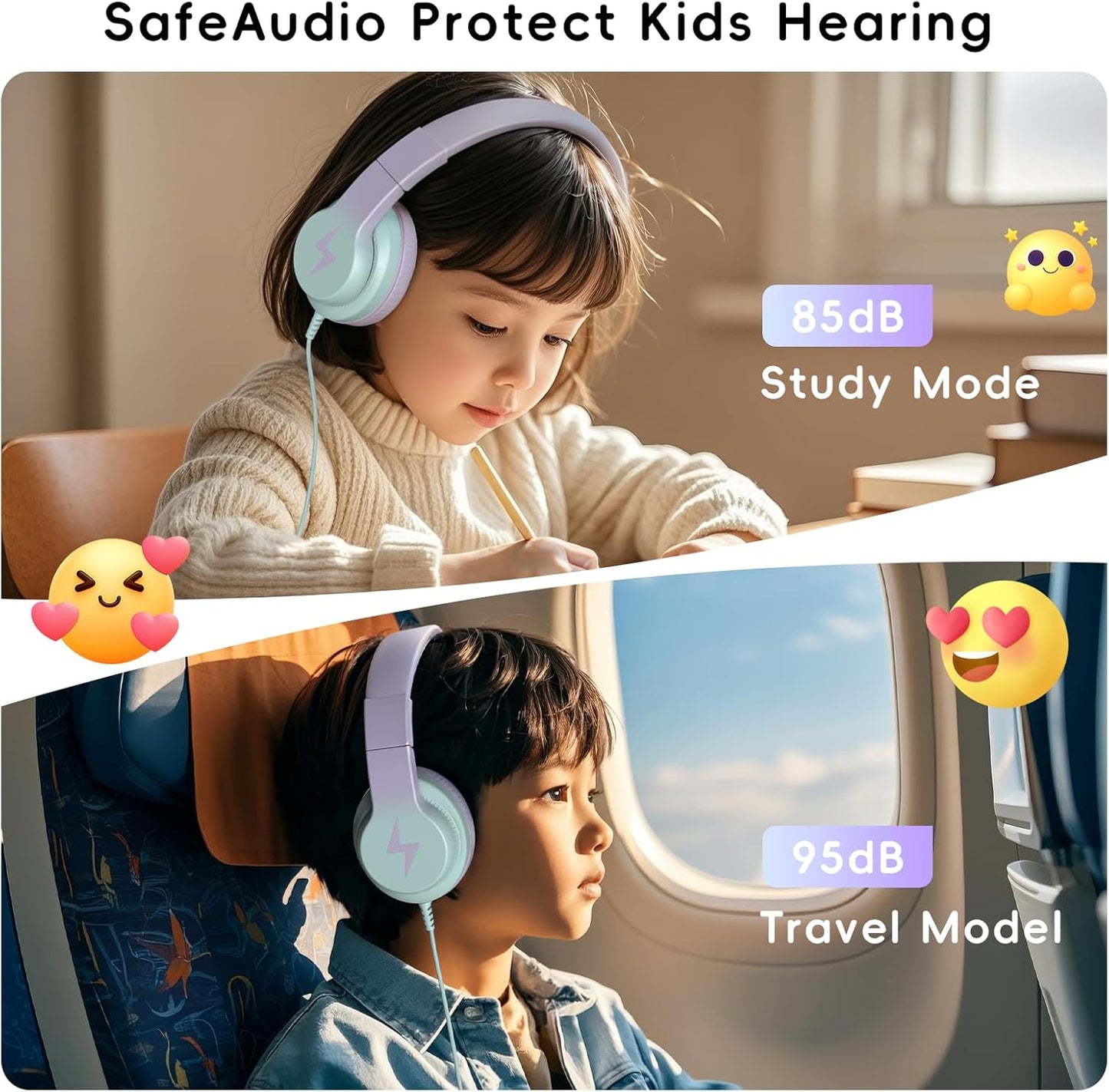 Kids Headphones, Wired Headphones for Kids with Microphone, 85/94dB Volume Limiter Headphone for Girls Boys, Foldable Headphone for Online Study, Gradient Blue