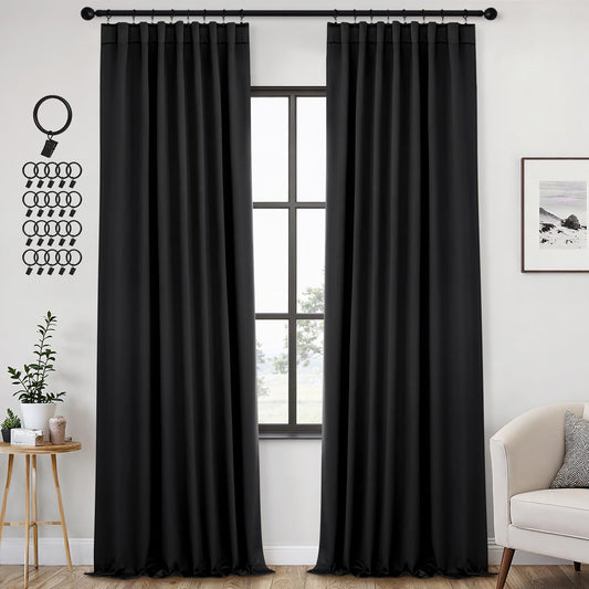 ANRODUO Back Tab Blackout Curtains for Bedroom Living Room, Rod Pocket Pinch Pleated Thermal Insulated Room Darkening Curtains 94 Inches Long 2 Panels, Black, 42 x 94 Inch