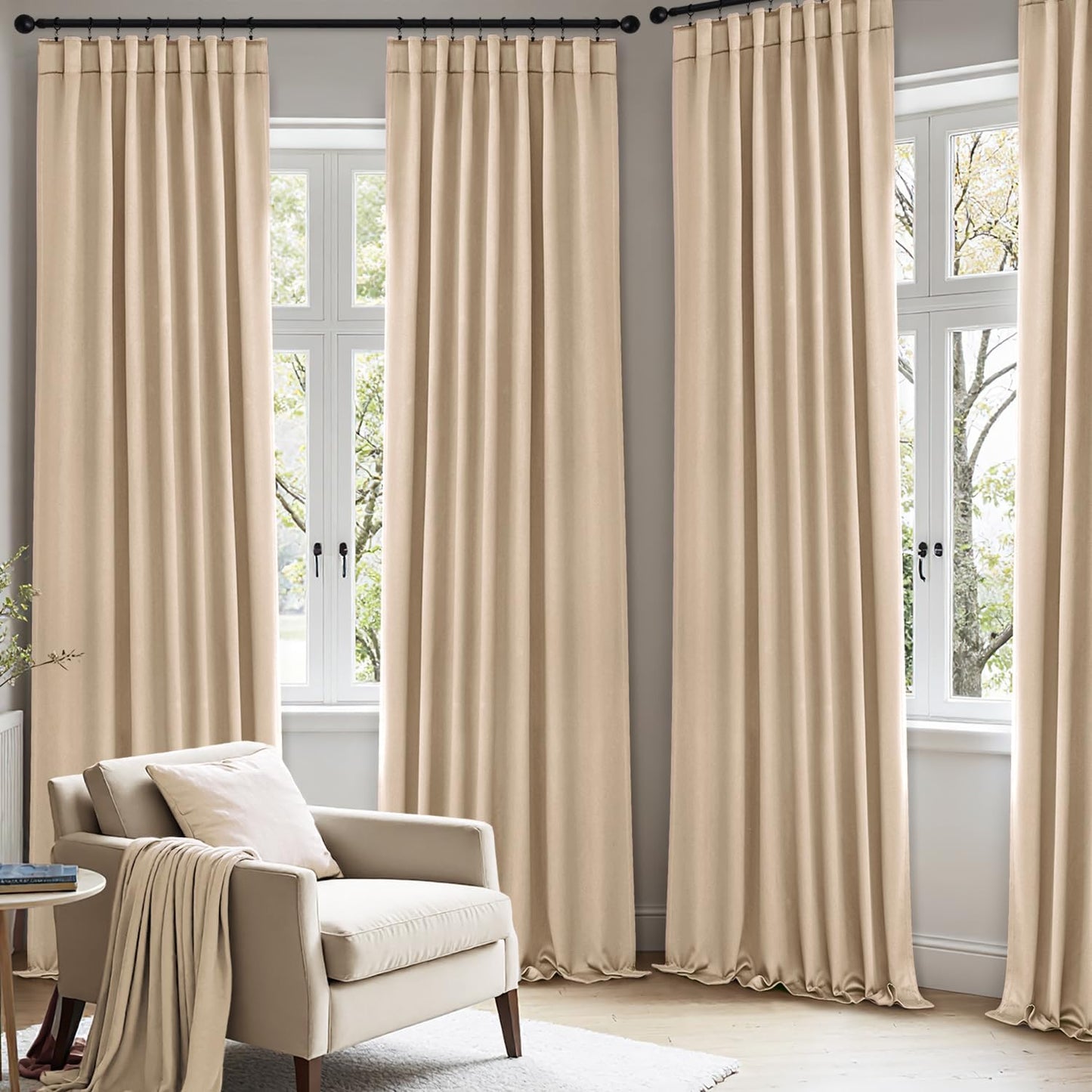 ANRODUO Back Tab Blackout Curtains for Bedroom Living Room, Rod Pocket Pinch Pleated Thermal Insulated Room Darkening Curtains 54 Inches Long 2 Panels, Beige, 42 x 54 Inch