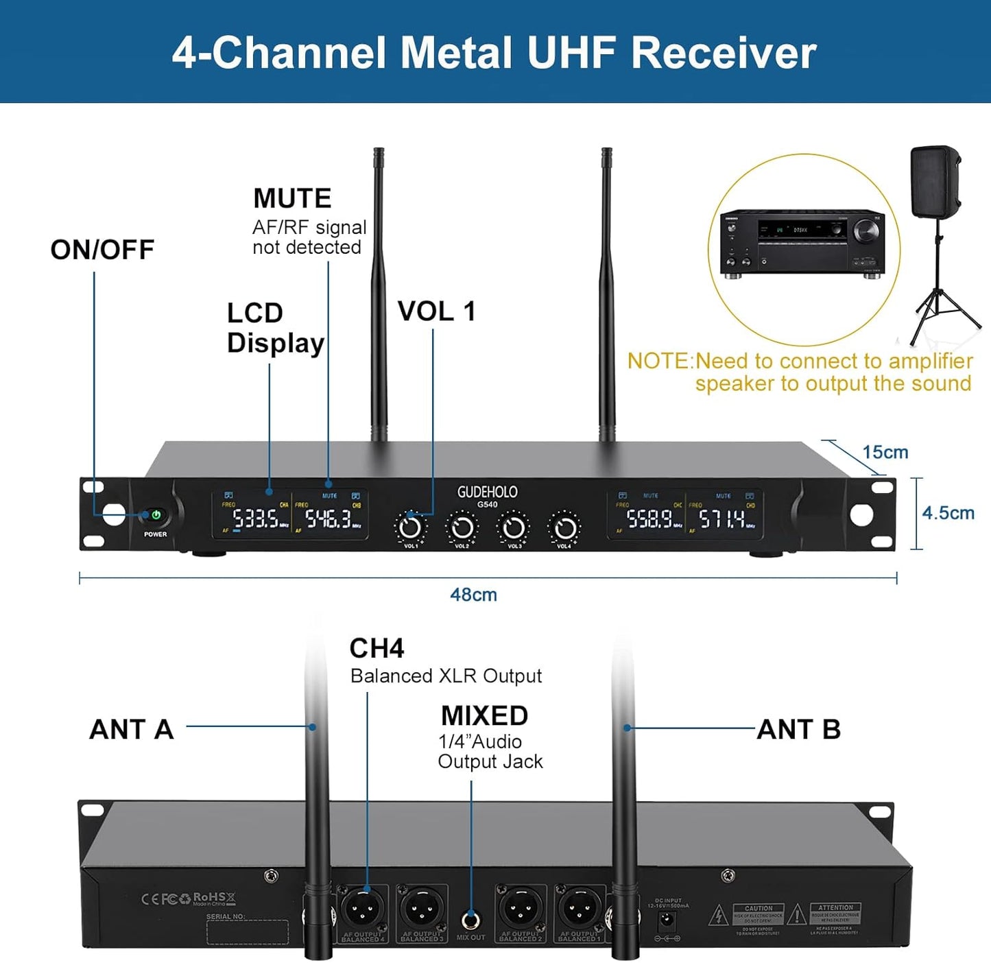 4-Channel Wireless Microphone System, Quad UHF Metal Cordless Mic, 4x25 Channels, Professional Cordless Mic System for Church, DJ, Karaoke,Wedding, Home KTV Set