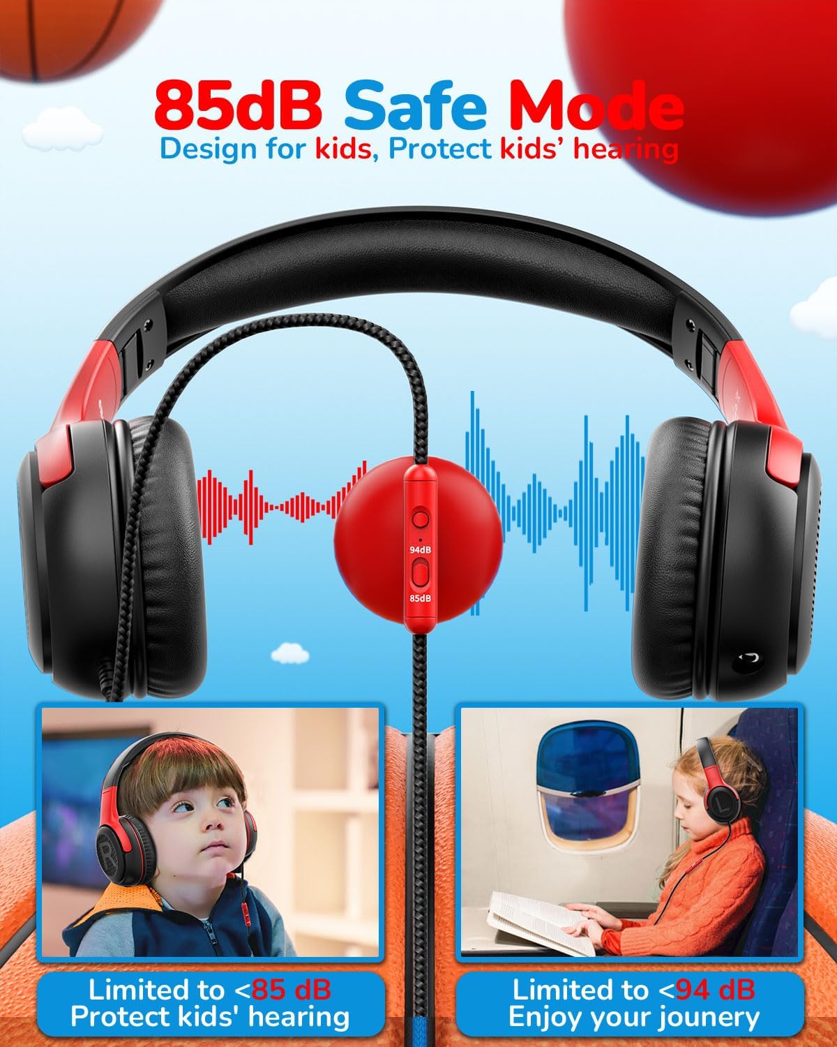Kids Headphones Wired Toddler with Microphone, Over-Ear Headphones, 85/94dB Volume-Limiting, 3.5mm Jack, Foldable On-Ear Design - Safe & Comfortable for Learning & Entertainment
