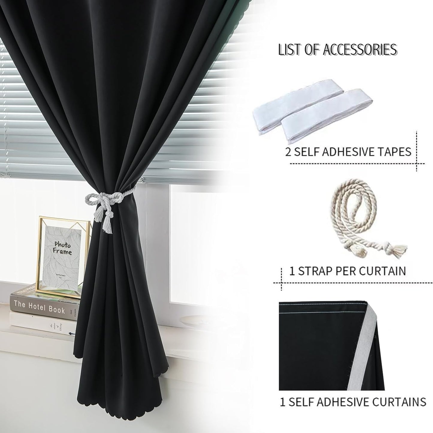 Adhesive Blackout Curtains- Self Stick Shades Window Blinds Curtains No Rod Needed Easy to Hang Curtains, Use for Bedroom, Living Room, Dining Room, Kitchen, Home Office, 47"W X 59"L, Black, 1 Panel