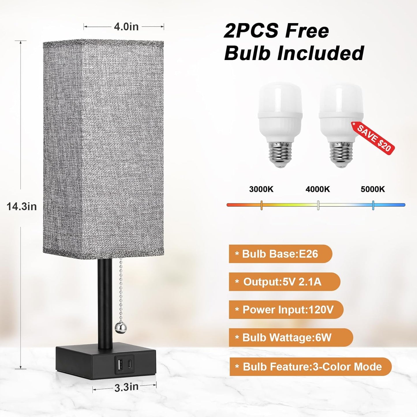 Bedside Table Lamps Set of 2 - Gray Bedroom Lamps with 3 Color Temperatures (3000K/5000K/4000K), Square Nightstand Light with USB C + A Charging Ports, Pull Chain Small Night Light