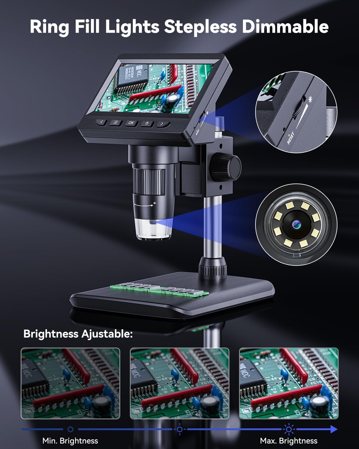 Digital Microscope, Coin Microscope with Light Adjustable Brightness 4.3" HD LCD Screen, 1000X Zoom PC View, Compatible with MacOS & Windows - Black