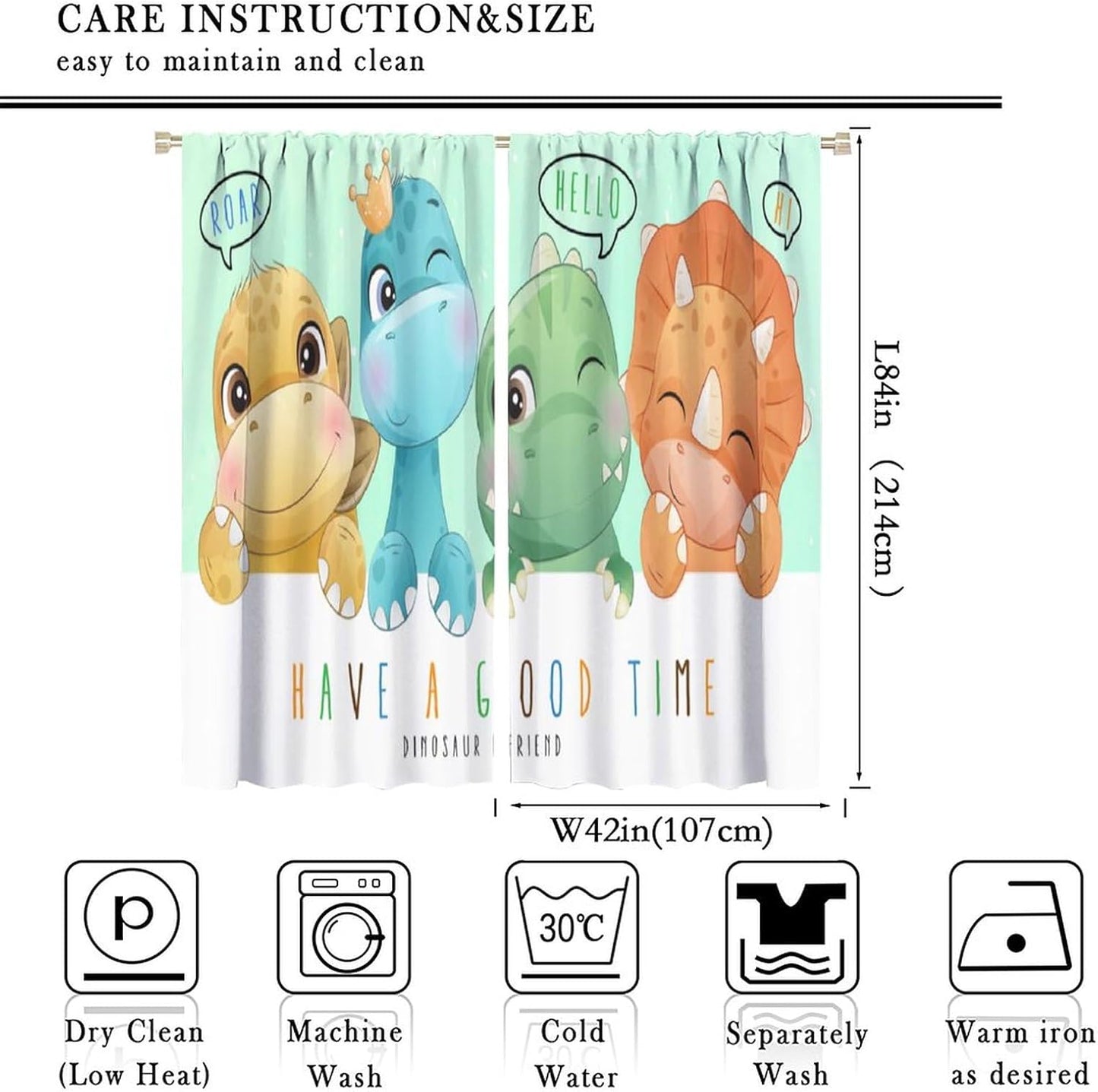 Kids Dinosaur Curtains for Boys Girls Bedroom Decor Cartoon Dino Colorful Cute Funny Animal Printed Blackout Rod Pocket Window Drapes for Baby Nursery Playroom Living Room W42xL84in 2 Panels