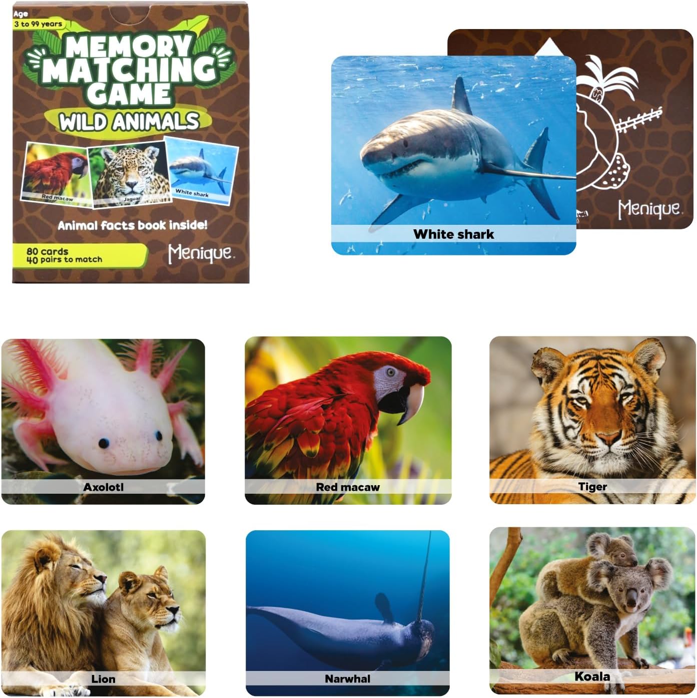 Menique Wild Animals Memory Matching Game – 80 Cards (40 Pairs) with Real Photos – Includes Educational Booklet with Animal Facts – Fun & Cognitive Game for Kids and Adults