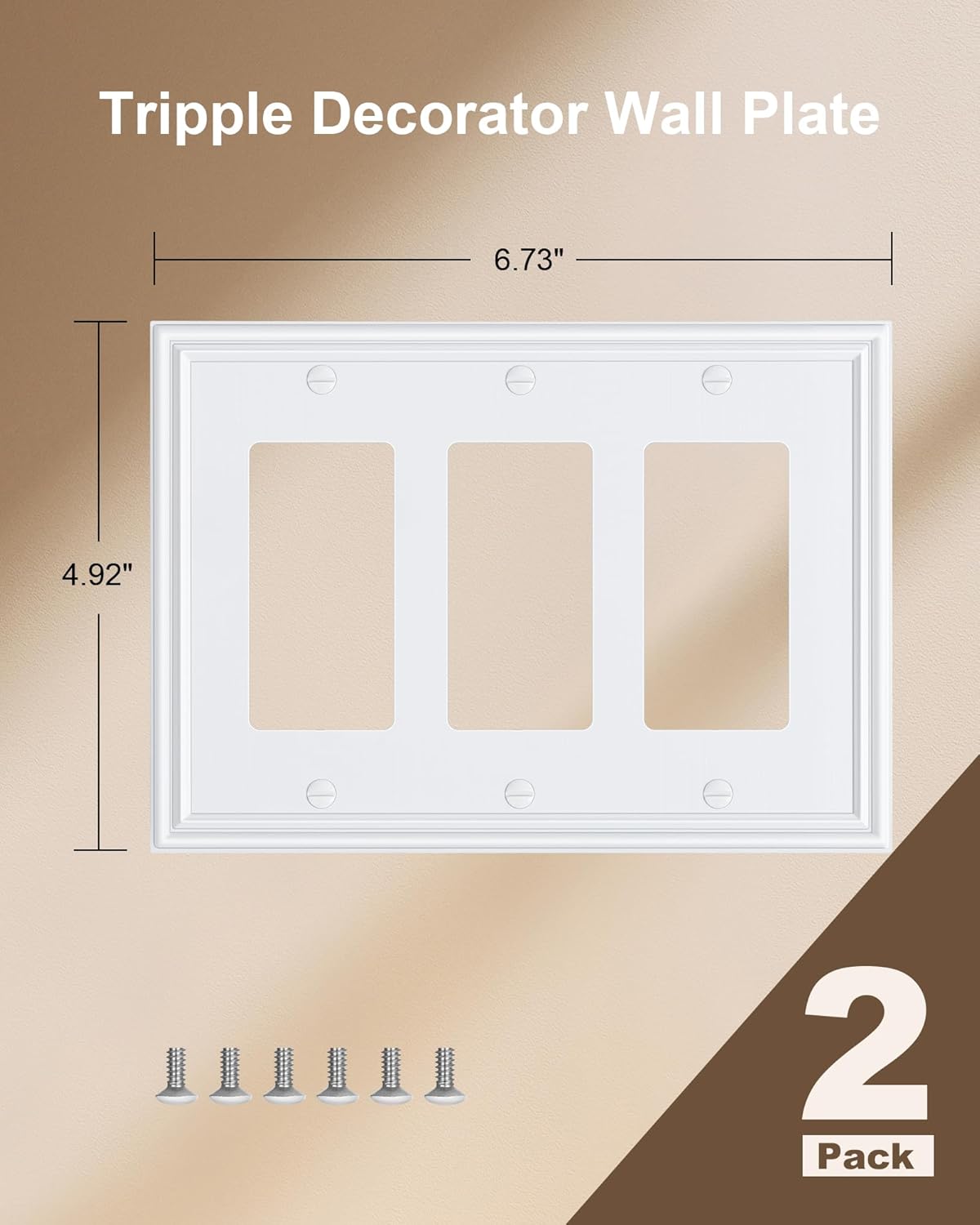 2-Pack Decorative Tripple Decorator Outlet Cover Plate, Durable Zinc Alloy Pure White Wall Plates for Electrical Outlets, Receptacle, GFCI Outlet, Dimmer Switch, 3-Gang, Corrosion Resistant