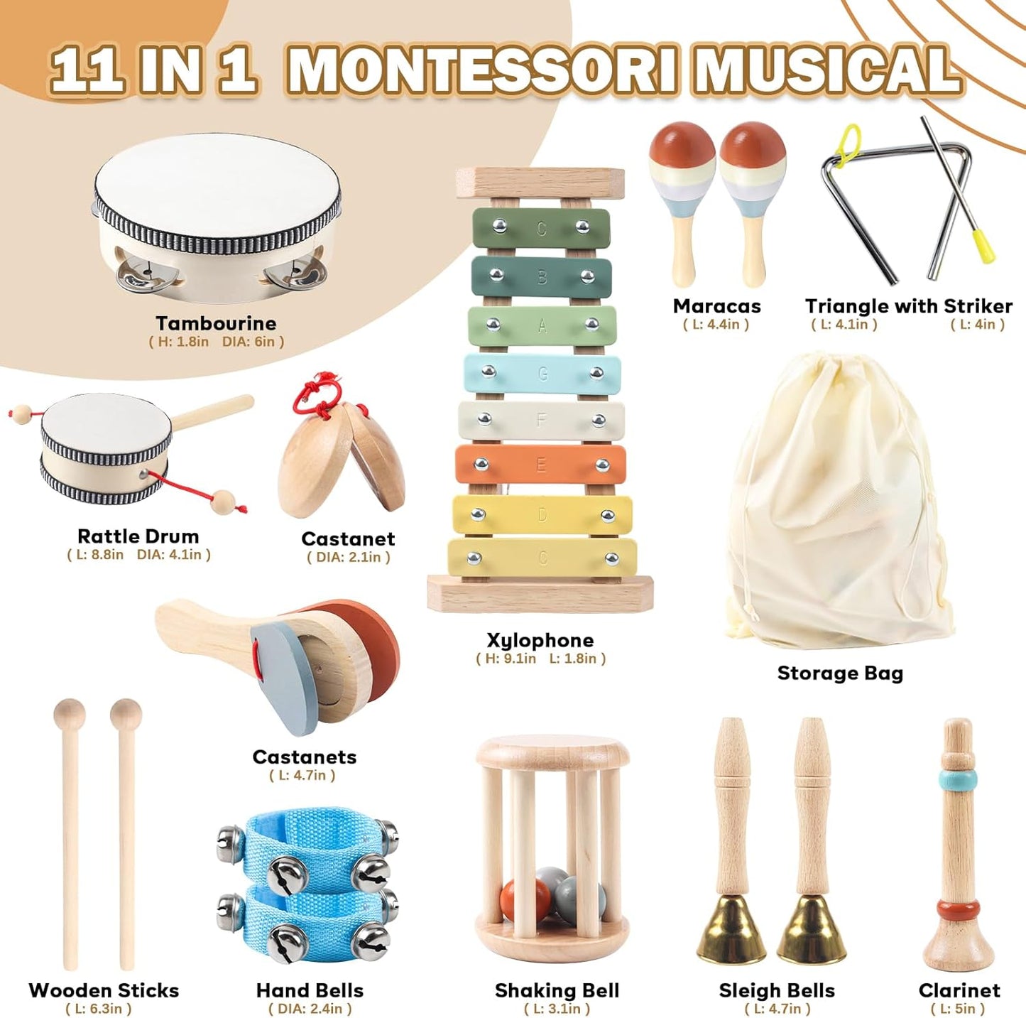 11 in 1 Baby Musical Instruments-Montessori Wooden Toys for Toddlers 1-3, Neutral Colors Percussion Instruments with Modern Boho Xylophone for Kids Preschool Educational 3+ with Storage Bag