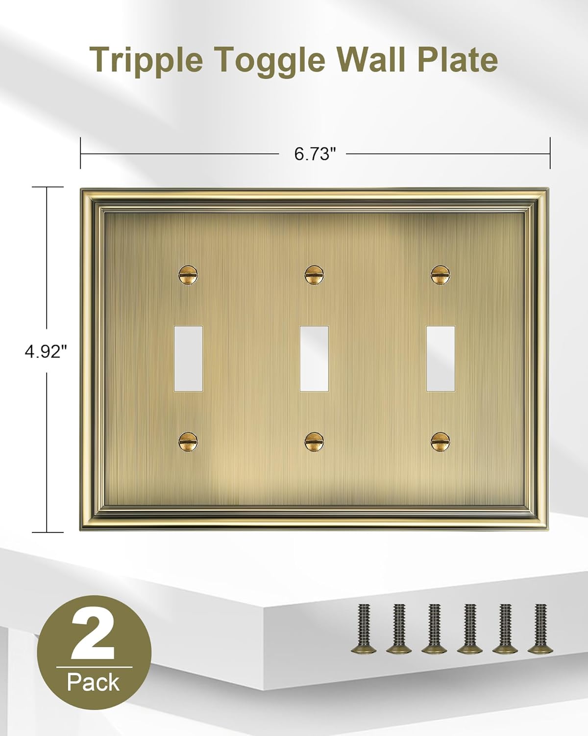 2-Pack Triple Toggle Light Switch Cover Plate, Durable Solid Zinc Alloy Decorative Switch Plate Covers, Antique Brass 3 Gang Wall Plate, Corrosion Resistant