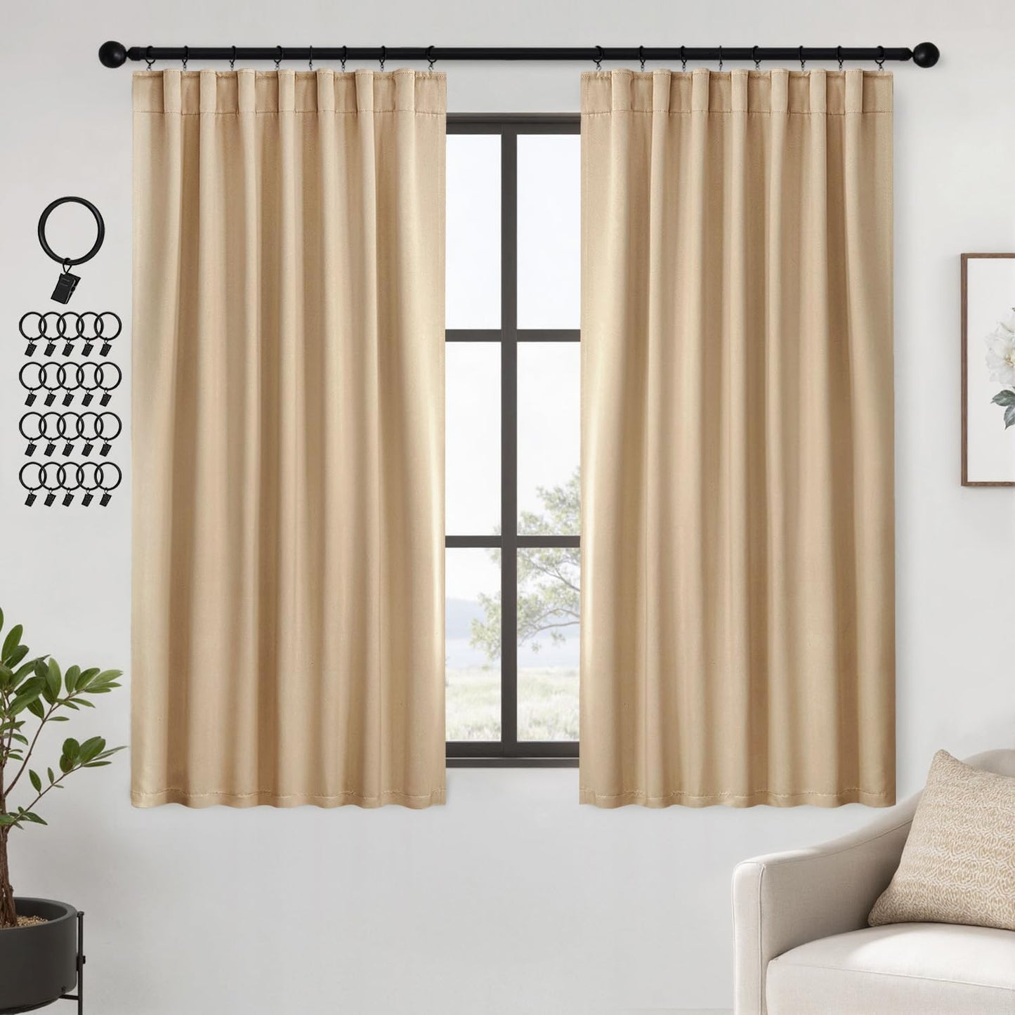 ANRODUO Back Tab Blackout Curtains for Bedroom Living Room, Rod Pocket Pinch Pleated Thermal Insulated Room Darkening Curtains 54 Inches Long 2 Panels, Beige, 42 x 54 Inch