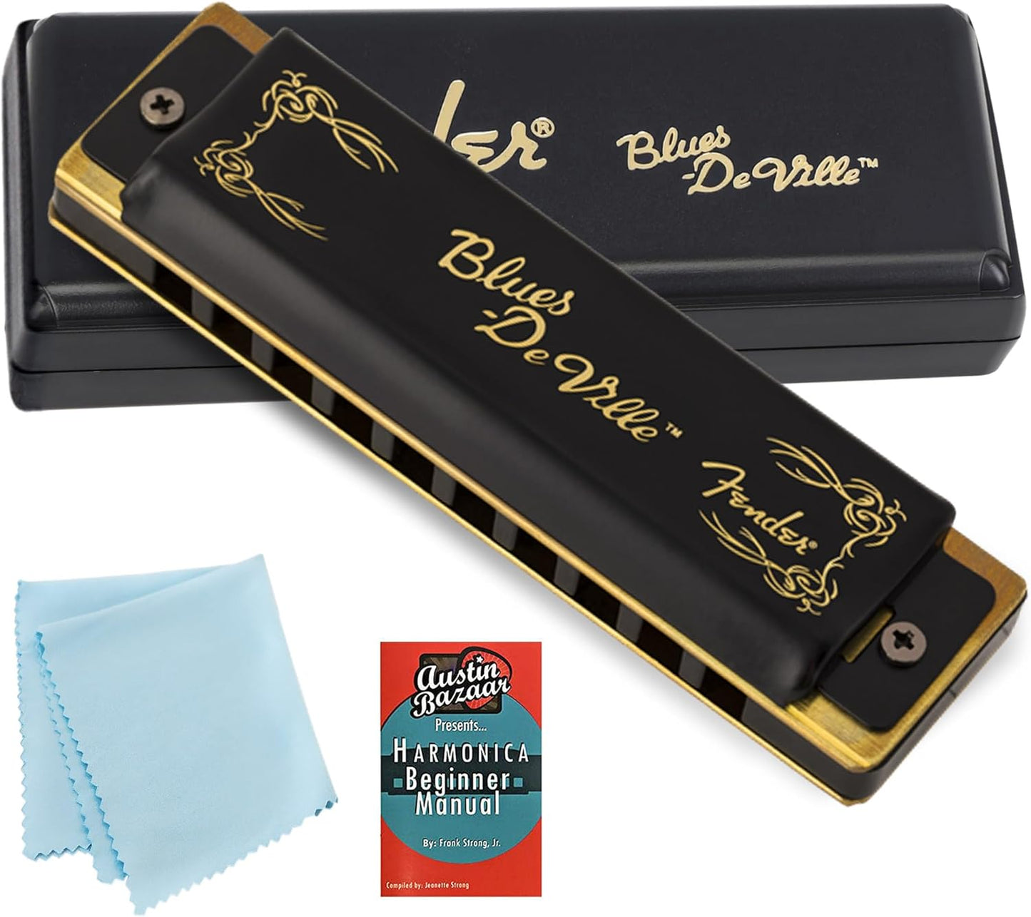 Fender Blues DeVille Harmonica - Key of Bb Bundle with Carrying Case, Austin Bazaar Online Manual, and Polishing Cloth