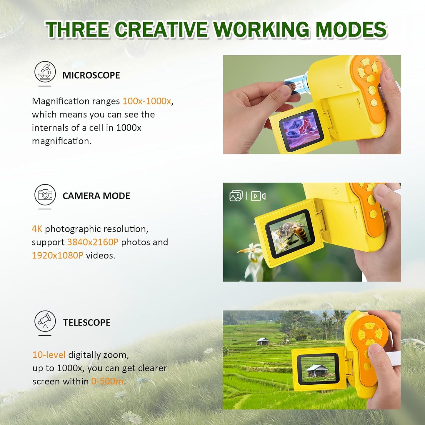 1000X Handheld Microscope for Kids, 4K 2.0" Screen Mini Pocket Microscope with 6 Adjustable LED Lights, Edu Science Birthday Gifts for Kids Ages 8-12, 32G SD Card Included - Yellow