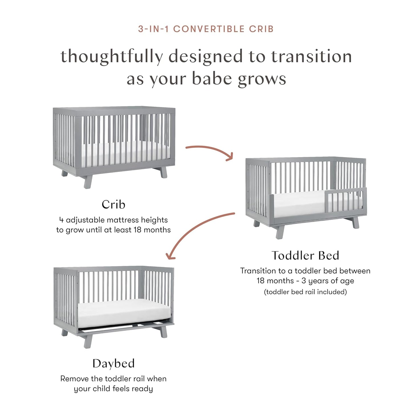 Babyletto Hudson 3-in-1 Convertible Baby Crib - GREENGUARD Gold Certified Convertible Crib to Toddler Bed & Daybed - Wooden Baby Bed with 4 Adjustable Mattress Heights - Strong & Easy Assembly - Grey