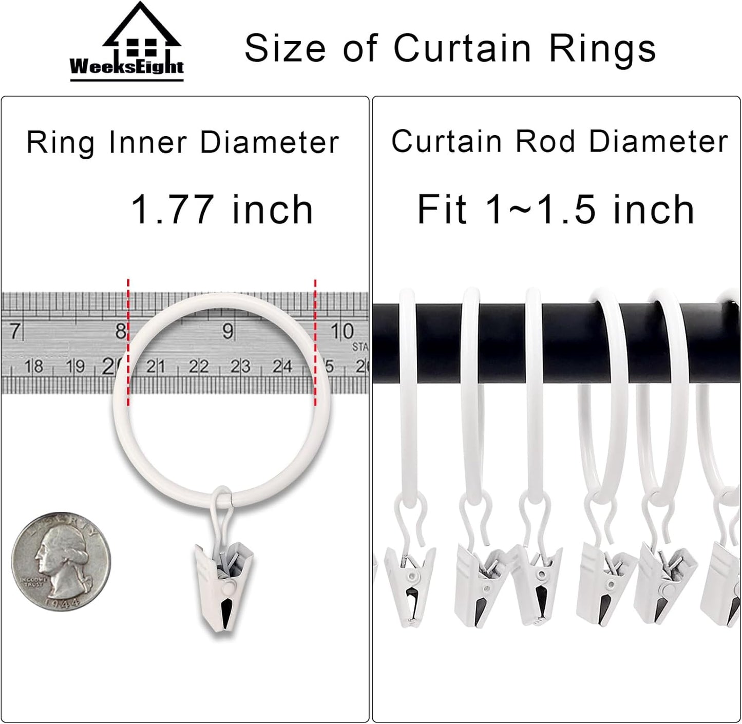 20 Pack White Curtain Rings with Clips, Curtain Hooks Hangers Clip Rings for Hanging Drapes Bows Hat, Drapery Rings 1.77 in I D, Fits up to 1.5 in Diameter Curtain Rod.