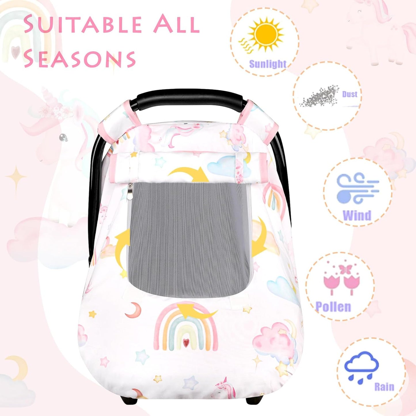 Baby Carseat Cover Girls, Pea Pod Unicorn Infant Car Seat Covers Canopy for Newborn with 2 Layers Windows of Breathable Mesh/Fabric, Lightweight Polyester/Minky Dot Backing, Snug Fit