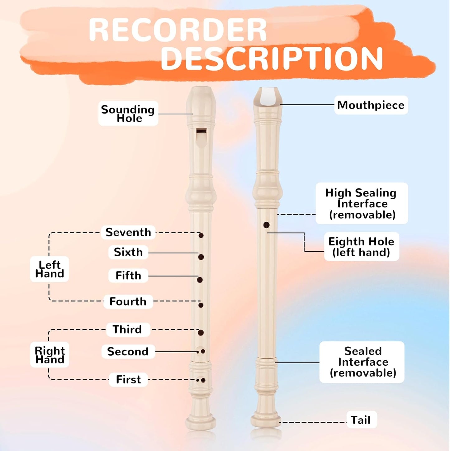 8-Hole Soprano Descant Recorder Baroque Style Kids Music Flute with Cleaning Rod & Case Bag for School Student Home Entertainment - Beige