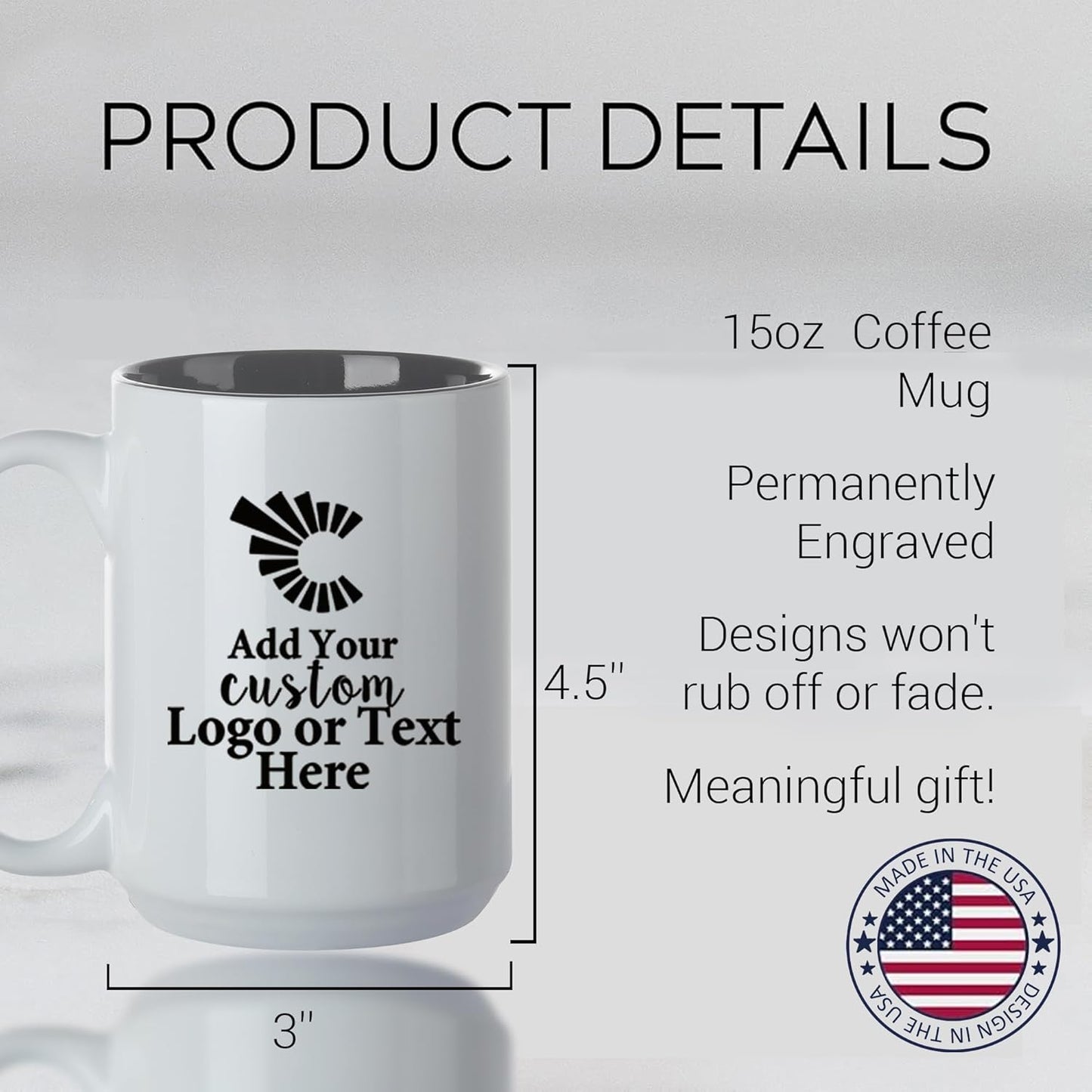 Personalized Coffee Mug, Custom Text or Logo Ceramic Mug, 15oz Customized Name Tea Cup, Gifts for Men & Women, Mother's Day Anniversary Christmas (Engraved Custom Logo, White)