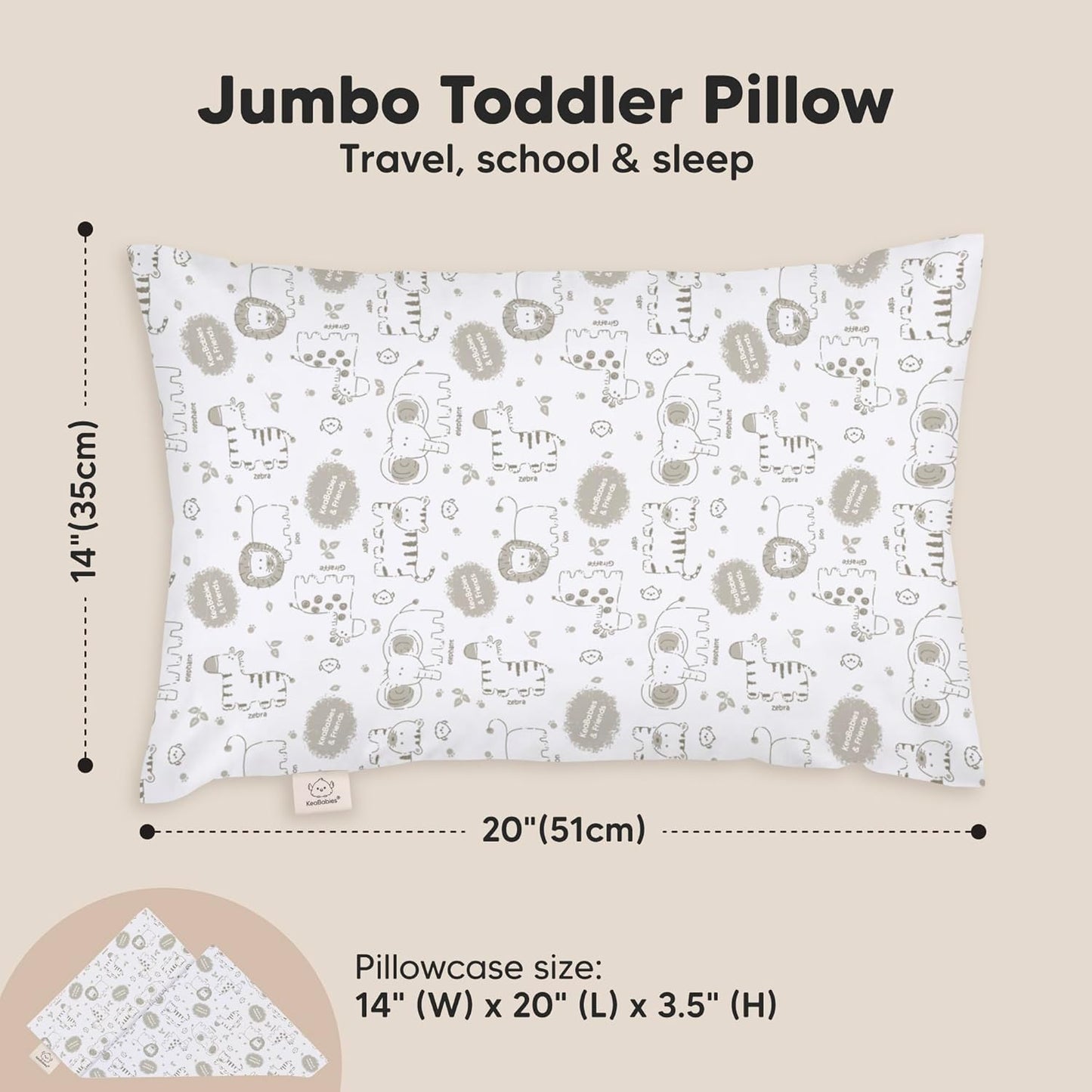 KeaBabies Toddler Pillow with Pillowcase, Jumbo 14X20 - Soft Organic Cotton Toddler Pillows for Sleeping - Machine Washable - Perfect for Travel, Toddler Bed Set (KeaSafari)