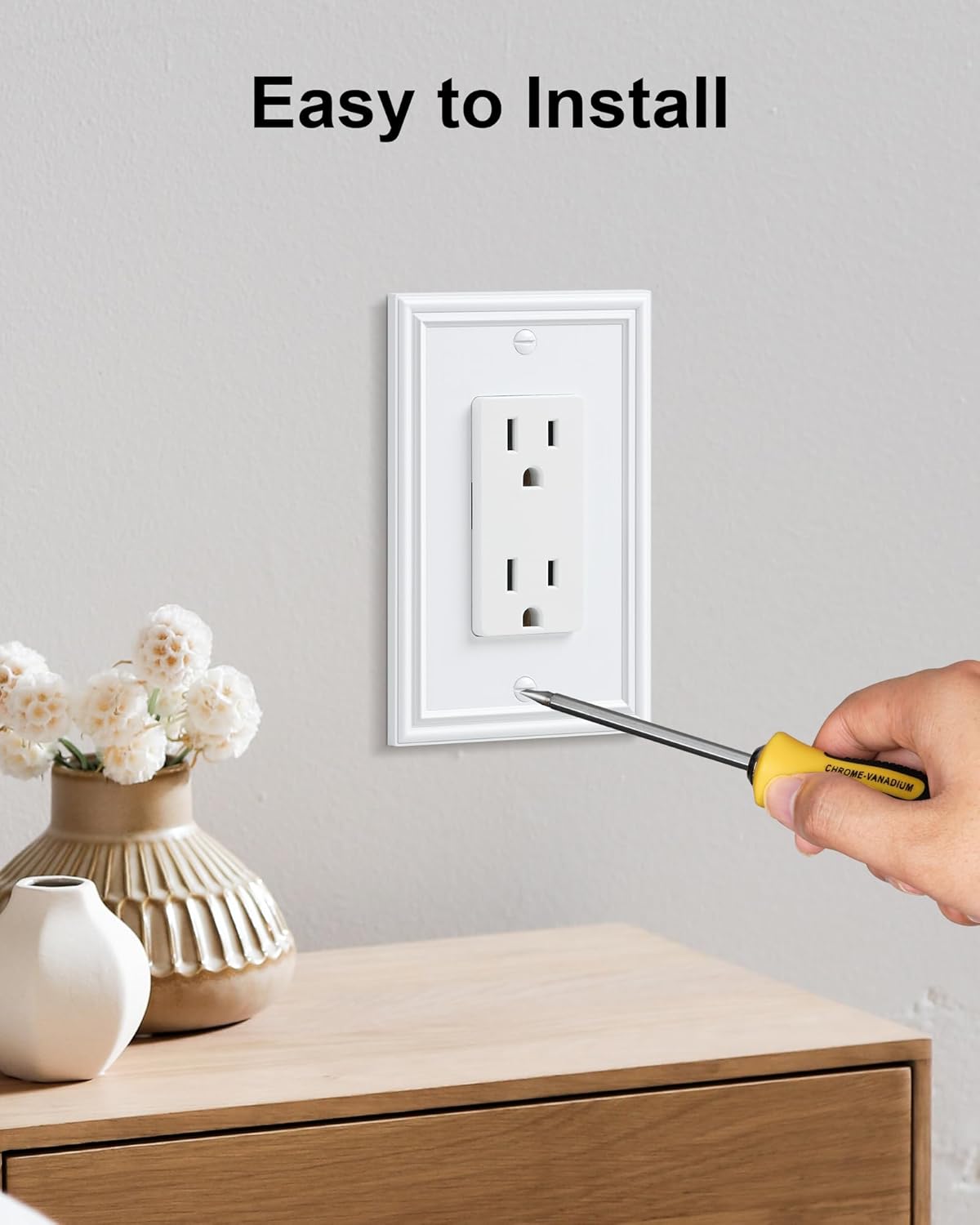 6-Pack Decorator Outlet Cover Plate, White Decorative Switch Plates and Outlet Covers, Durable Zinc Alloy Wall Plates for Electrical Outlets, Receptacle, GFCI Outlet, Dimmer Switch