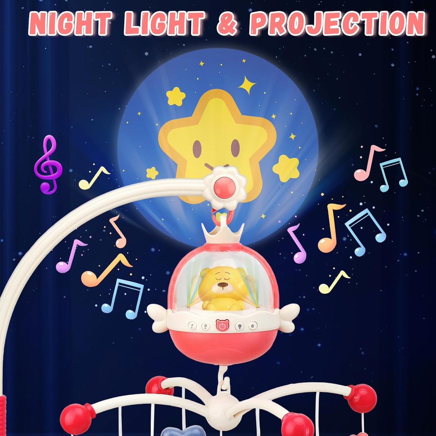 Baby Crib Mobile with Night Lights and Music,Hanging Mobile for Crib Bassinet with Rotation, Projection,Remote Control,Babies Crib Toys for Nursery Newborn Infant Boys Girls (Pink)