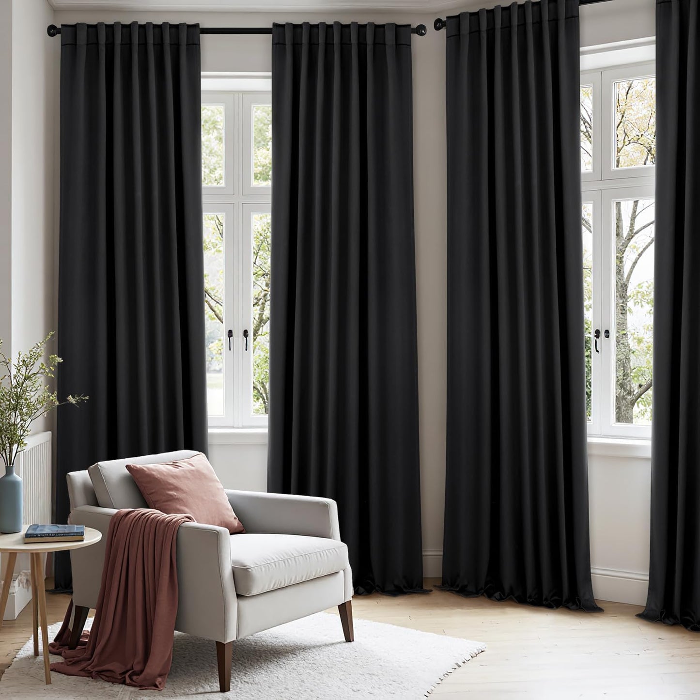 ANRODUO Back Tab Blackout Curtains for Bedroom Living Room, Rod Pocket Pinch Pleated Thermal Insulated Room Darkening Curtains 102 Inches Long 2 Panels, Black, 52 x 102 Inch