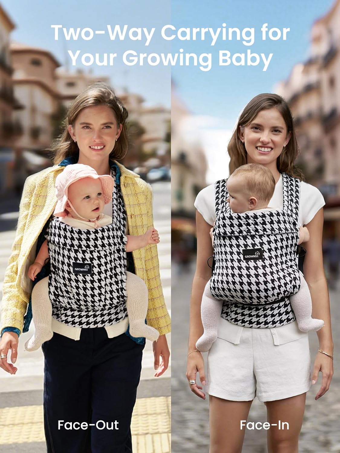 GROWNSY Baby Carrier Newborn to Toddler, Ergonomic Baby Toddler Carrier Slings Wraps with Head Support, Easy to Wear, Infant Carrier Baby Gift, Travel and Hiking Friendly,for 7 to 44 lb(Houndstooth)