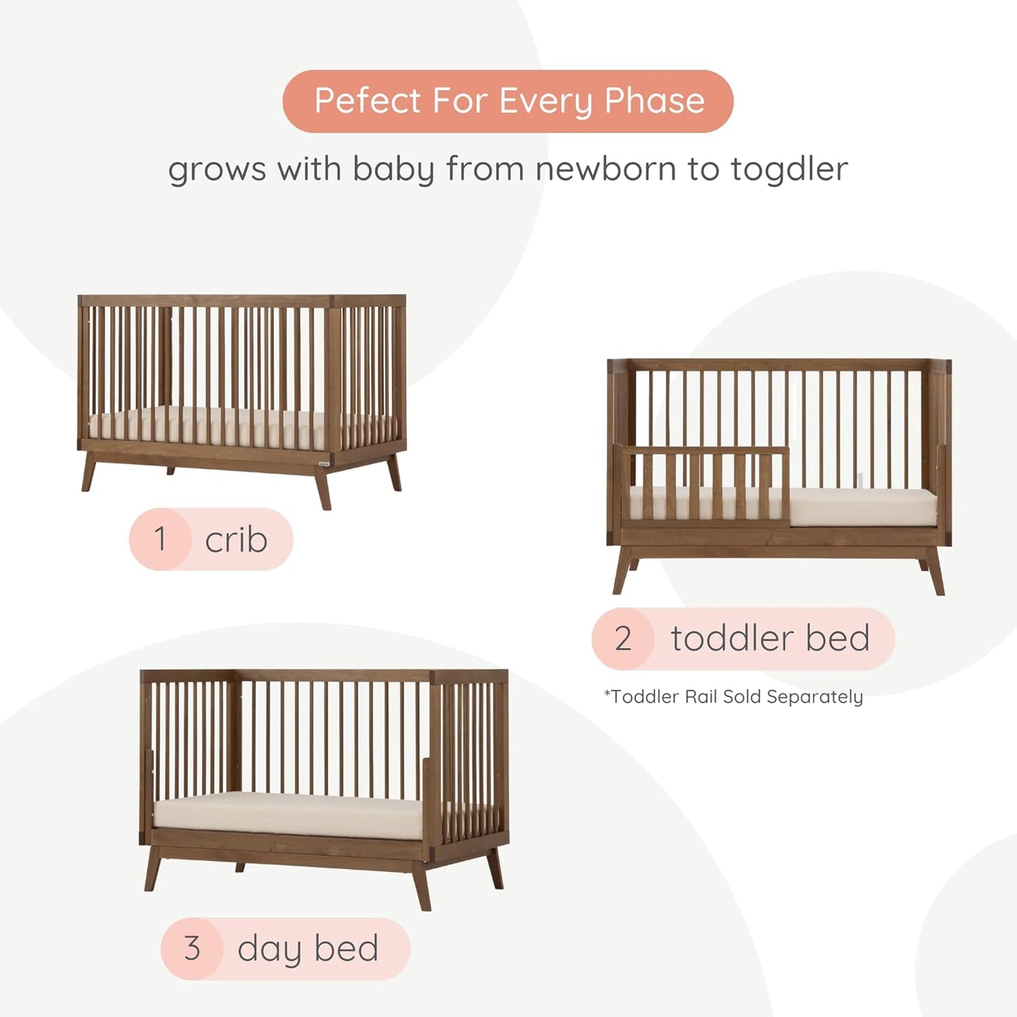dadada Baby Soho 3-in-1 Convertible Wooden Crib to Toddler Bed - Made in Italy, GREENGUARD Gold Certified, Baby-Safe Finish, Sustainable Beech Wood, Modern Design, 3 Adjustable Heights (Walnut)