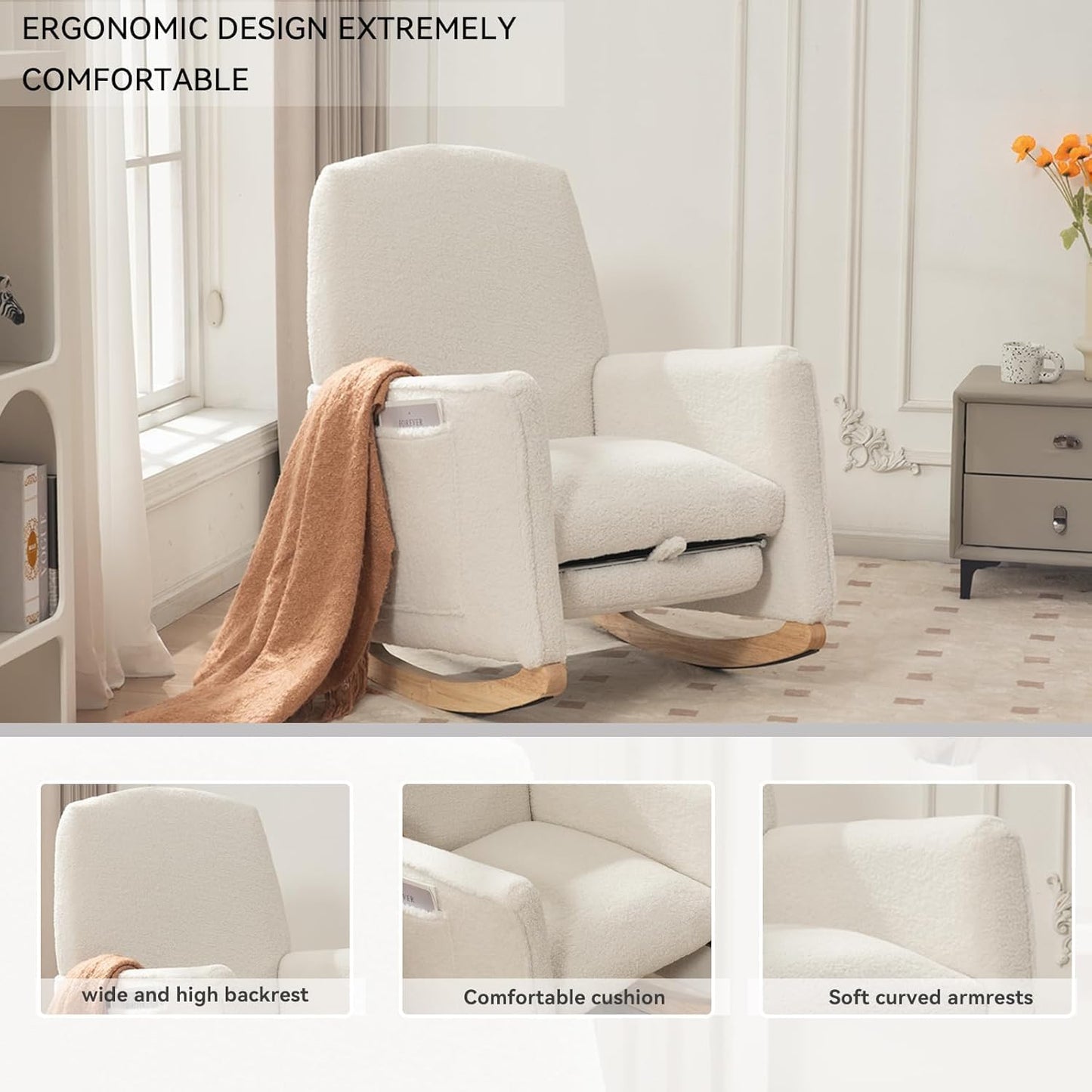 FOXHUNTER Rocking Chair Nursery with Adjustable Footrest and High Backrest, Upholstered Glider Chairs with Side Pockets for Nursery, Rocker Armchair Indoor for Living Room,White