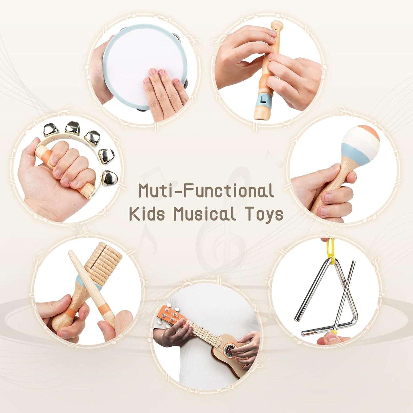 Kids Guitar Set - 7 in 1 Musical Instruments for Toddlers 2-4, Wooden Musical Toys for 2 3 4 Year Old Boy & Girls Birthday Gifts, Band Sets with Ukulele/Flute/Tambourine/Maracas Toys for Kids 3-5