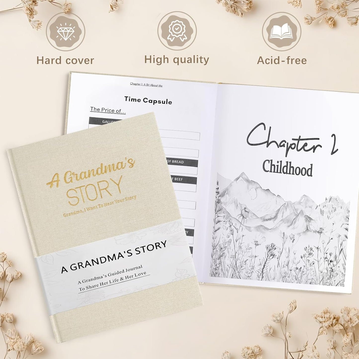 Artmag Grandma's Life Story Journal Family Keepsake Book Linen Hardcover for Grandma to Share Her Memories, with 250+ Prompt Questions Gift for Birthday Mother's Day Christmas (Beige)