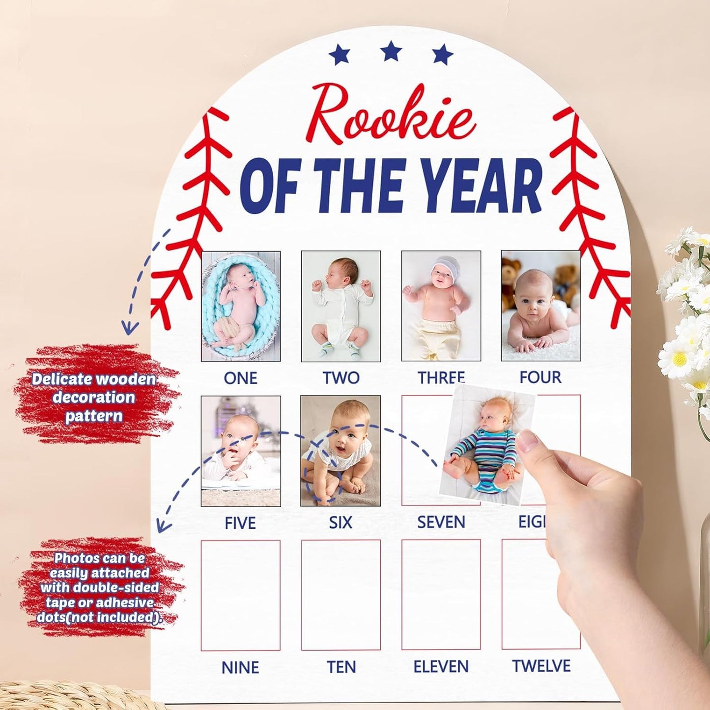 Baseball First Year Photo Board Rookie of the Year Birthday Party Decoration Wooden Board 12 Monthly Milestone Picture Frame Sports 1st Birthday Photo Banner for Baby Boy Keepsake Gift Supply2x2.8In
