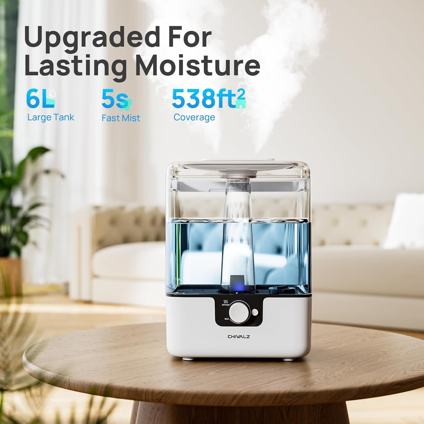 CHIVALZ 6L Humidifiers for Bedroom Large Room Home, Cool Mist Top Fill Humidifiers for Baby Nursery and Plants, 26dB Quiet, Nightlight, Up to 50 Hours, Oil Diffuser 1 Pack + 2 Mist Outlets White