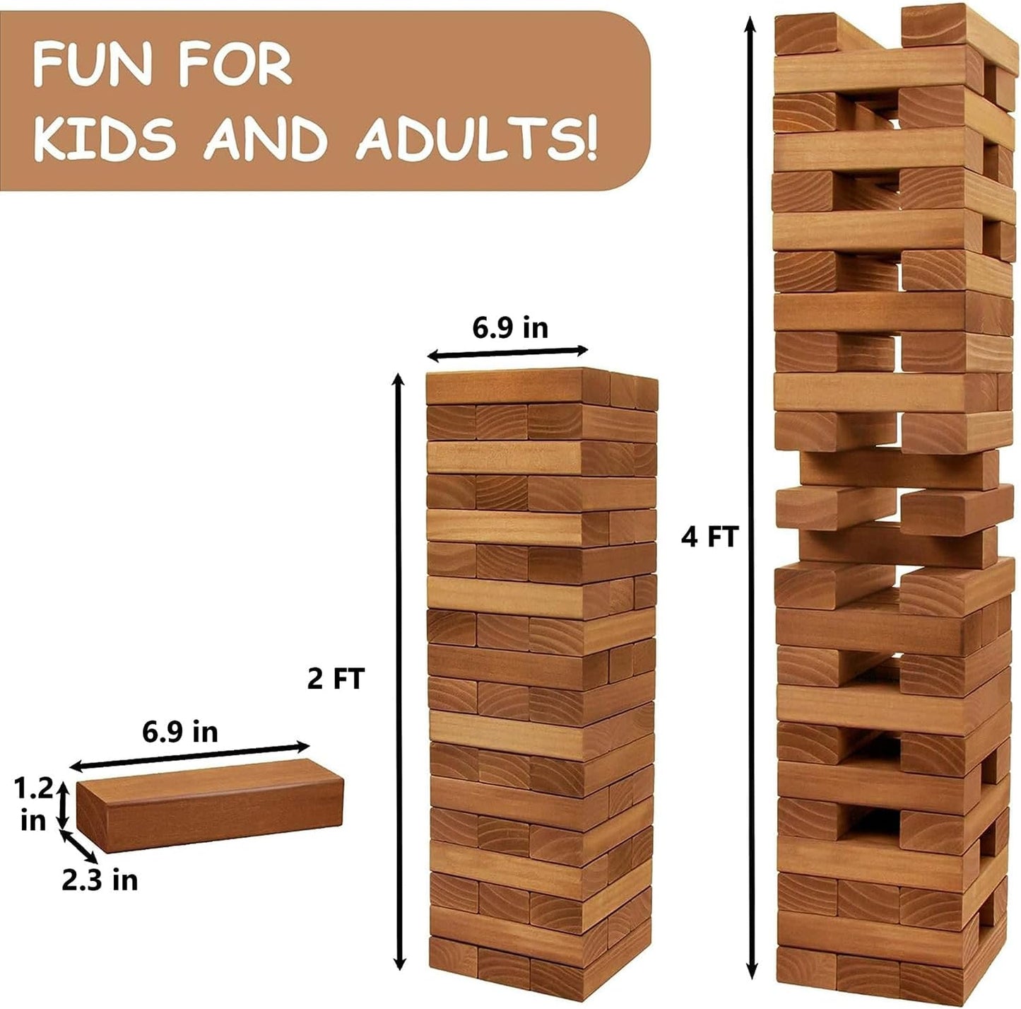 Juegoal 54 Piece Giant Tumble Tower Brown for Adult Kids Family, Wooden Block Stacking Game with Gameboard & Canvas Bag, Outdoor Games for Backyard Lawn Party Playing, 6.9 x 6.9 x 24 Inches,X-Large