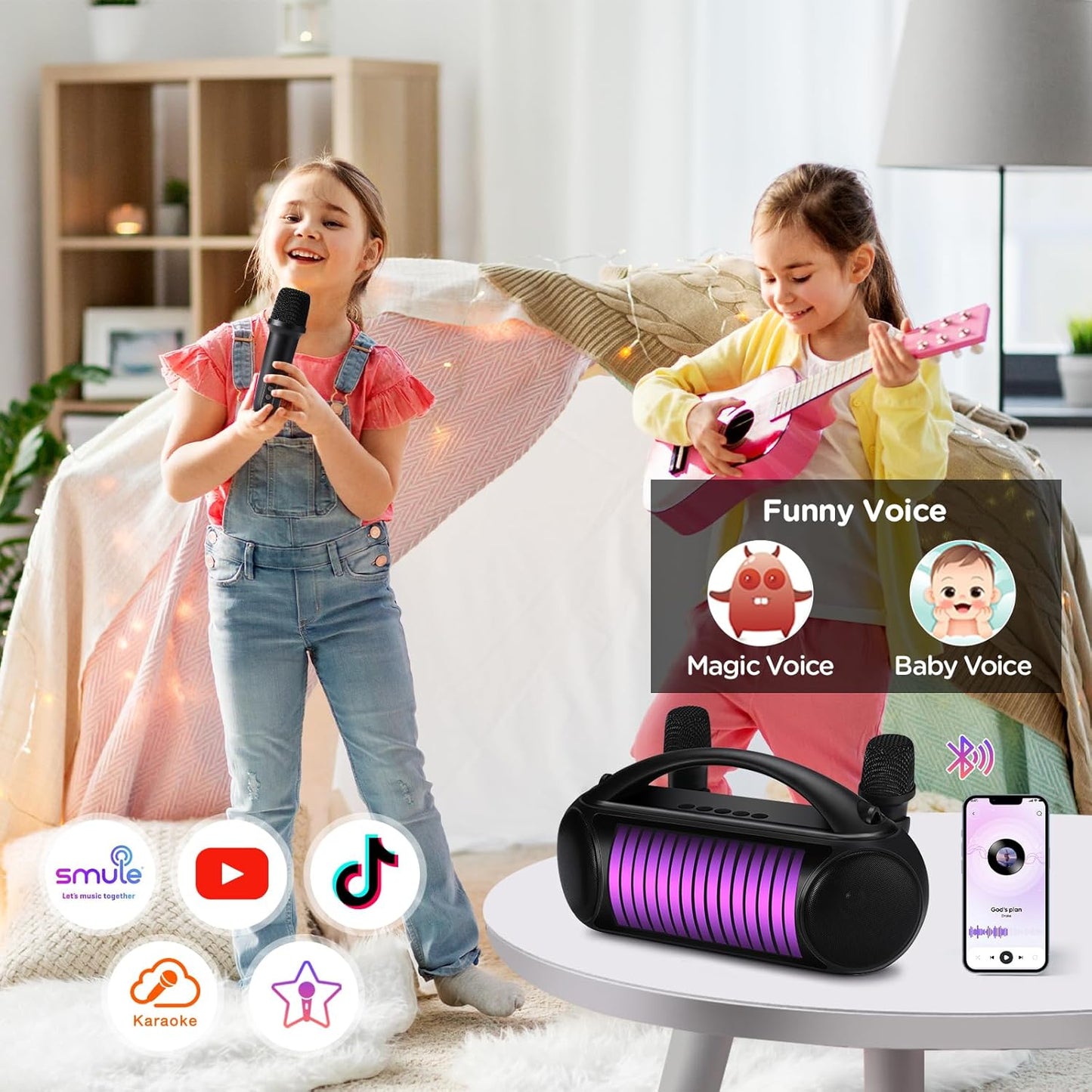 Karaoke Machine Portable Bluetooth Speaker with 2 Wireless Microphones Rechargeable Karaoke Machine for Kid and Adult Party PA Speaker Multiple LED Light Mode Support TWS/Radio/AUX/REC