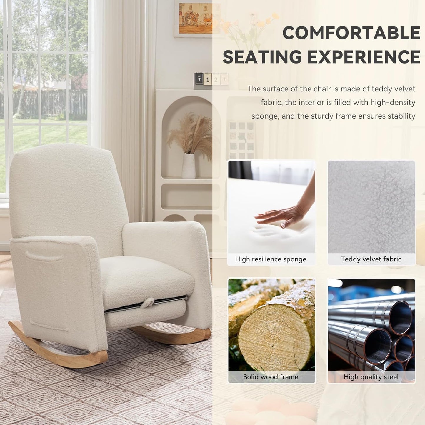 FOXHUNTER Rocking Chair Nursery with Adjustable Footrest and High Backrest, Upholstered Glider Chairs with Side Pockets for Nursery, Rocker Armchair Indoor for Living Room,White