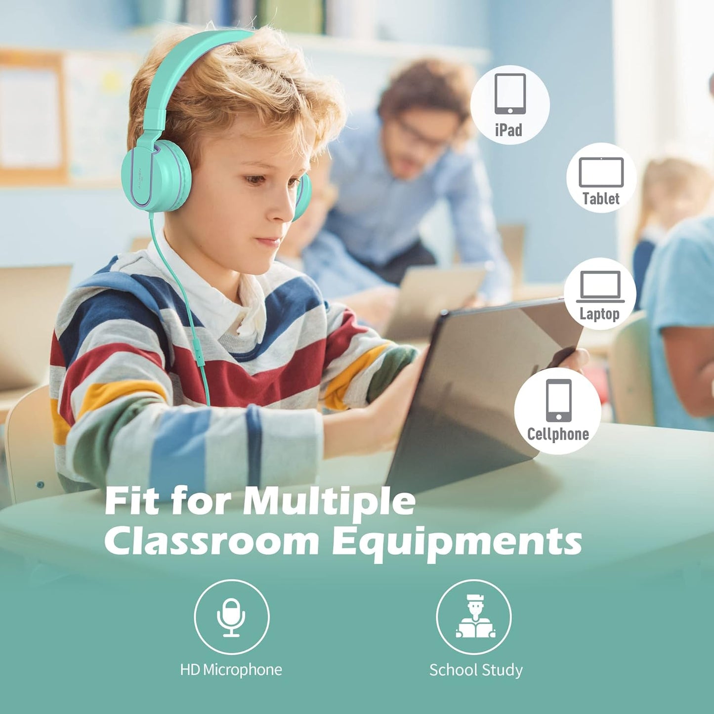 Kids Headphones, AILIHEN I35 On-Ear Headphones for School, 93dB HD Mic Stereo Headphone for Kid Girls Children, Foldable Wired 3.5mm for Chromebook, Laptop, Computer, Tablet (Green Purple)