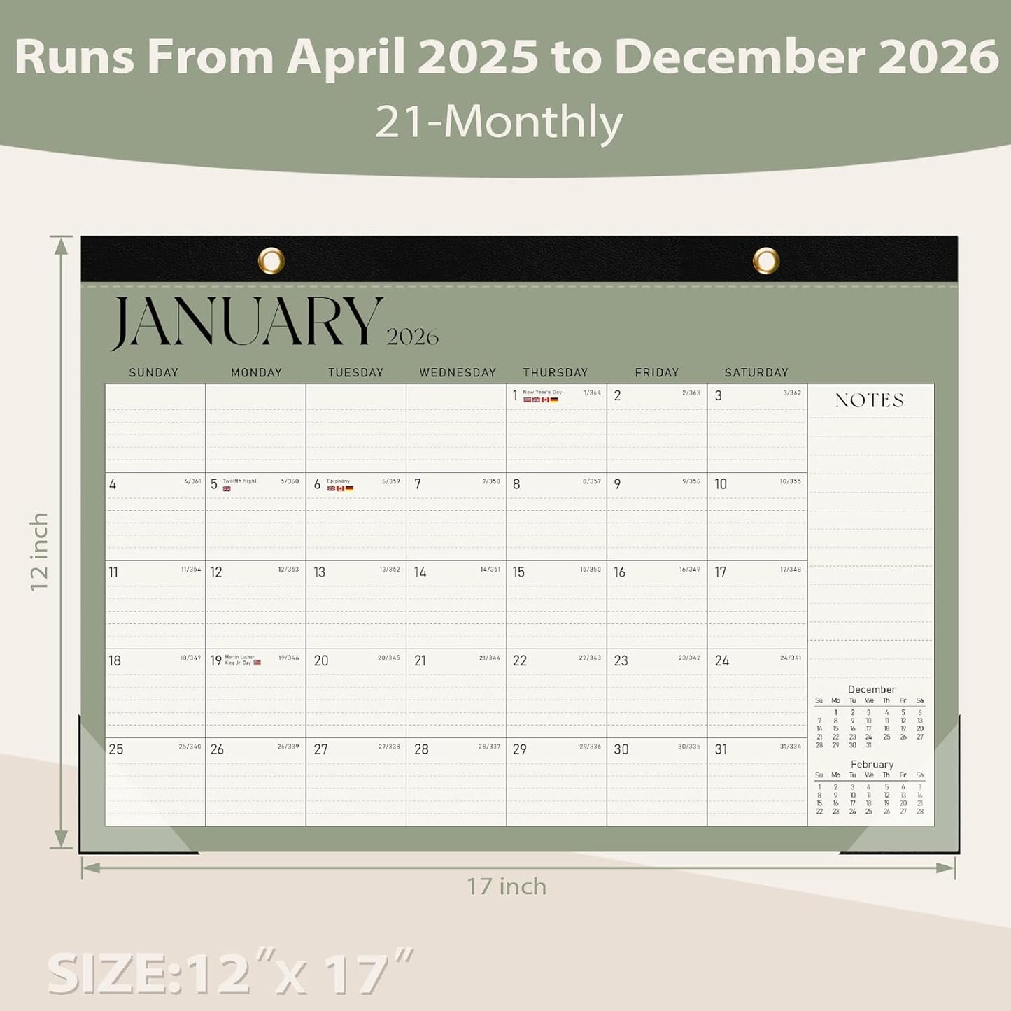 Desk Calendar 2025-2026, Runs Until December 2026 - Large Size 17" x 12" Desktop/Wall Monthly Calendar with To Do List, Personal Desk Calendar Planner for Home, School, Office