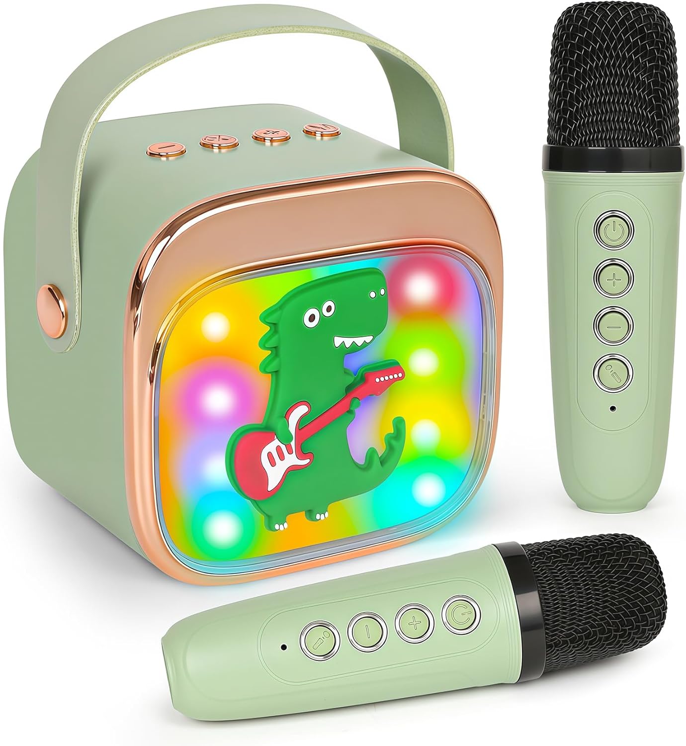 Dinosaur Karaoke Machine for Kids, Portable Mini Karaoke Machine with 2 Wireless Microphones, 4 5 6 7 8 9 10 Years Old Girl Boy Easter Christmas Birthday Gift Colorful Lighted Speaker Toys