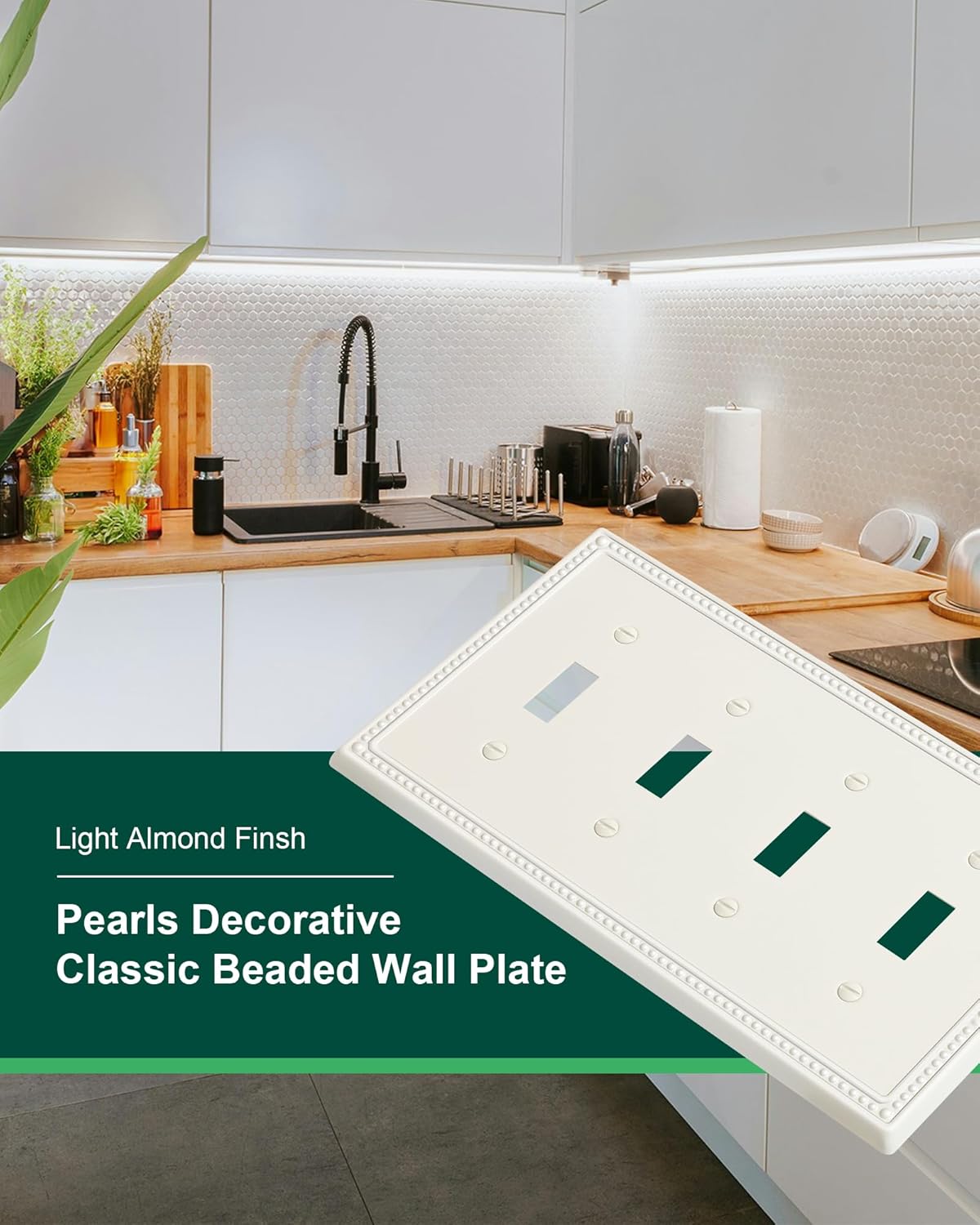 2-Pack Quad Toggle Light Switch Cover Plate, 4 Gang Metal Switch Plate Covers, Light Almond Pearls Decorative Wall Plate, Corrosion Resistant